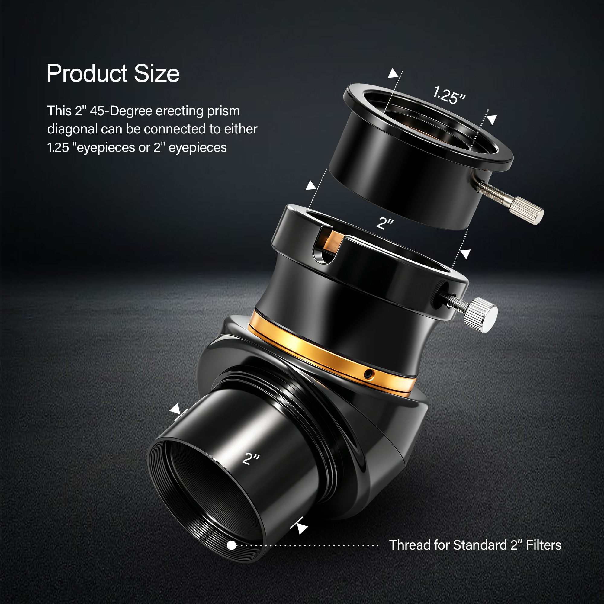 Astromania 2 Inch Diagonal 45-Degree Erect-image Prism for Telescope - Image Erecting BAK4 Prism with Anti-reflection Coating that Provides Sharp and Clear Image - with 2 to 1.25 Eyepiece Adapter