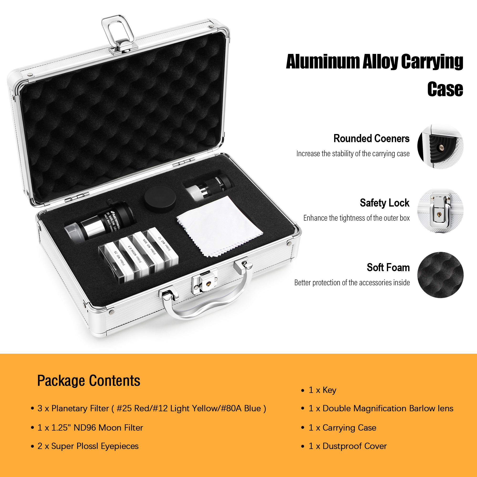 Astromania 1.25" Telescope Eyepiece & Filter Astronomical Kit with 2pcs Plossl Eyepieces, 3pcs Planetary Filters, Moon Filter and 2X Barlow Lens - A Useful Set of Accessories for Newcomer to Astronomy