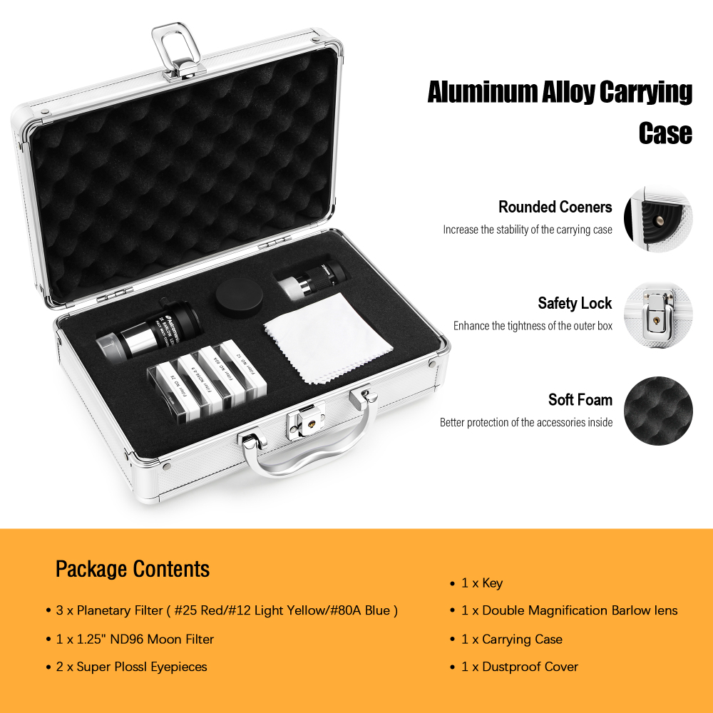 Astromania 1.25" Telescope Eyepiece & Filter Astronomical Kit with 2pcs Plossl Eyepieces, 3pcs Planetary Filters, Moon Filter and 2X Barlow Lens - A Useful Set of Accessories for Newcomer to Astronomy