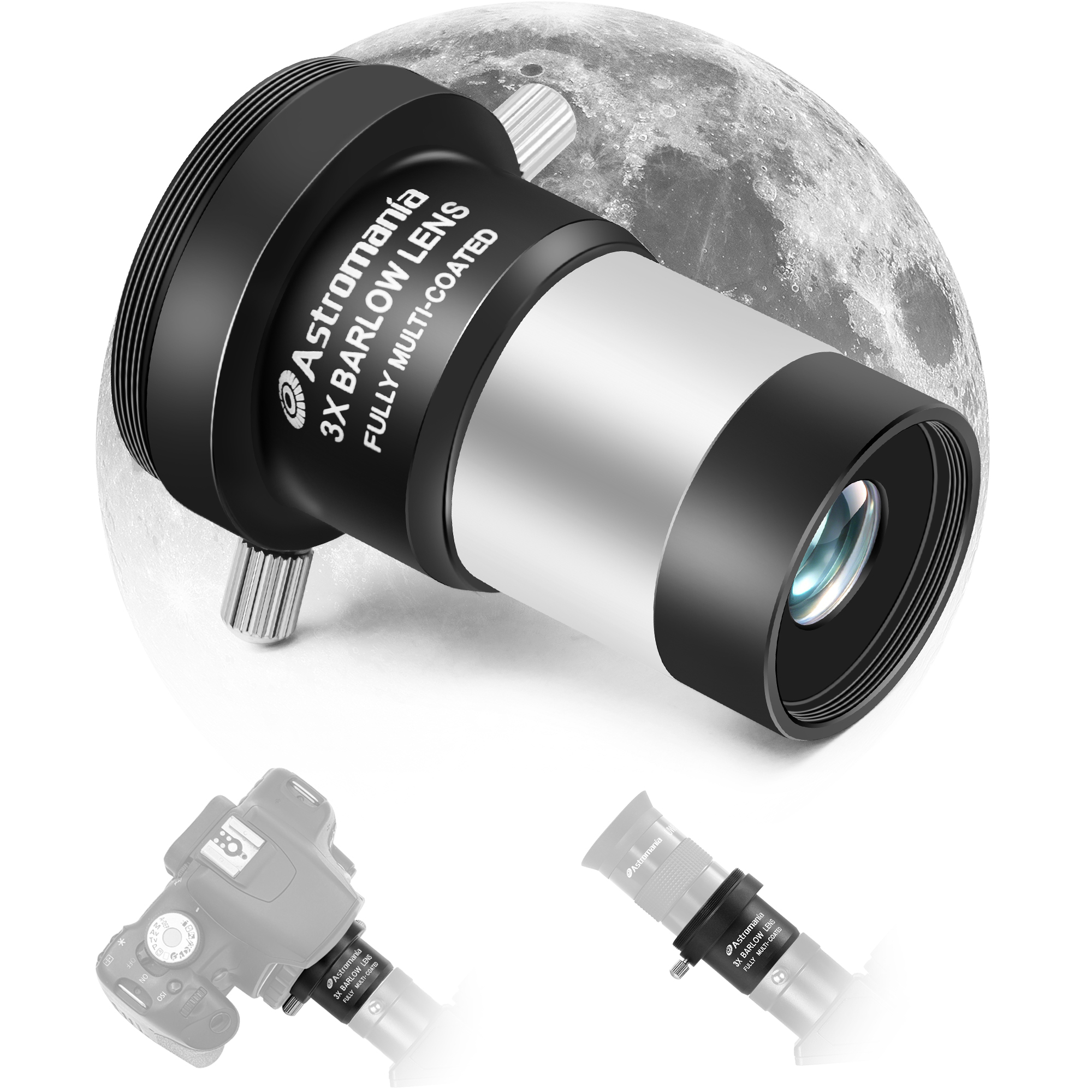 Astromania 3X Barlow Lens 1.25 inch Fully Multi Coated Metal Short Focus Barlow Lens Internal Brass Ring & Two Fixing Thumbscrews, M42 Thread Camera Connect Interface for Telescope Eyepiece