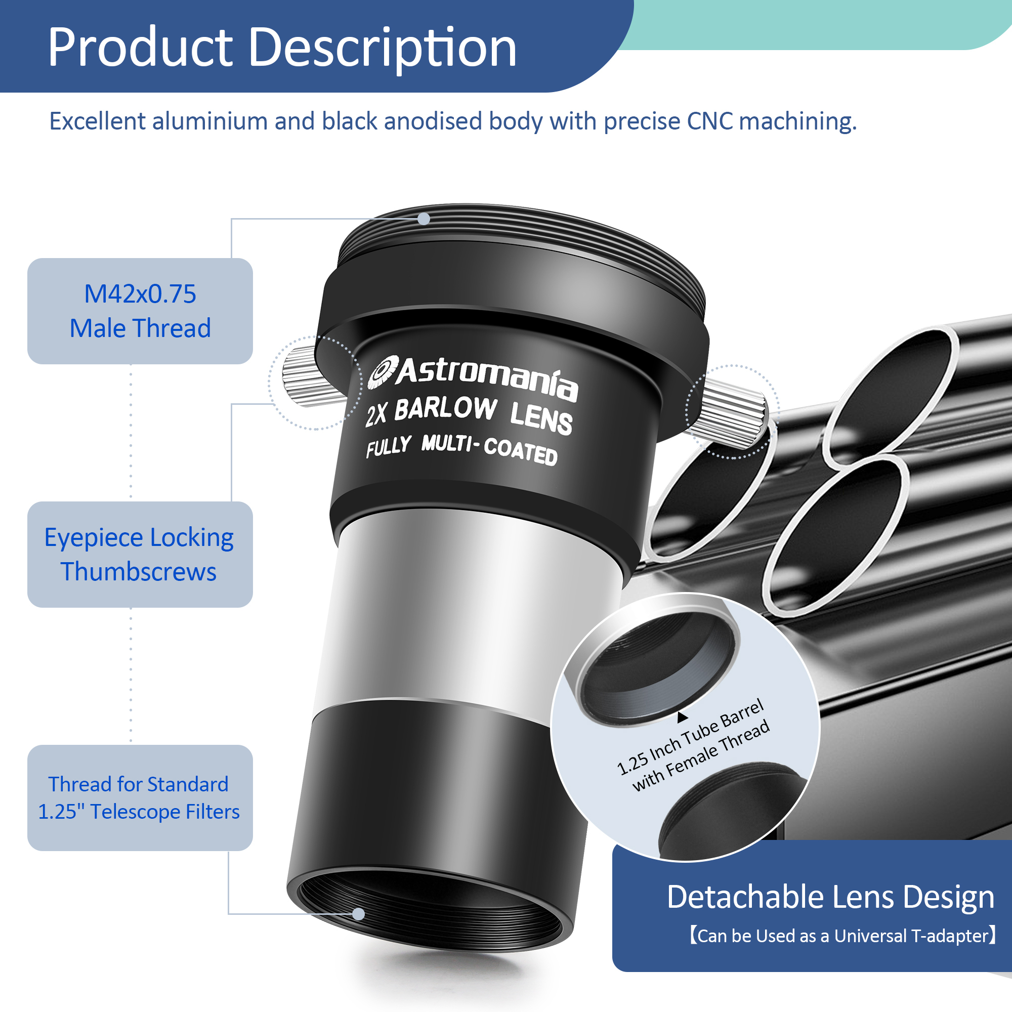 Astromania 2X Barlow Lens Upgraded 1.25 inch Metal Fully Multi Coated Telescope Accessory with M42 Thread Camera Connect Interface for Telescope Eyepiece, Telescope Barlow Lens with Filter Thread