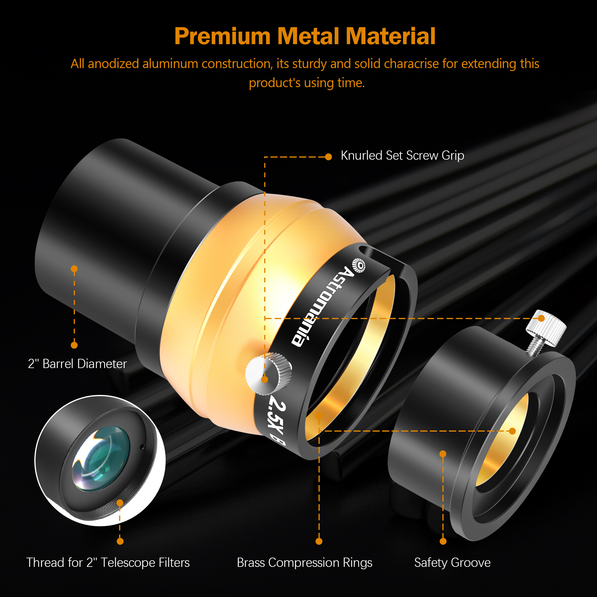 Astromania Upgraded 2.5x 2 inch Barlow Lens - 4 Elements Broadband Green Film with Fully Multi Coated, Metal Telescope Accessory with Internal Brass Ring for 2 inch & 1.25 inch Telescope Eyepiece