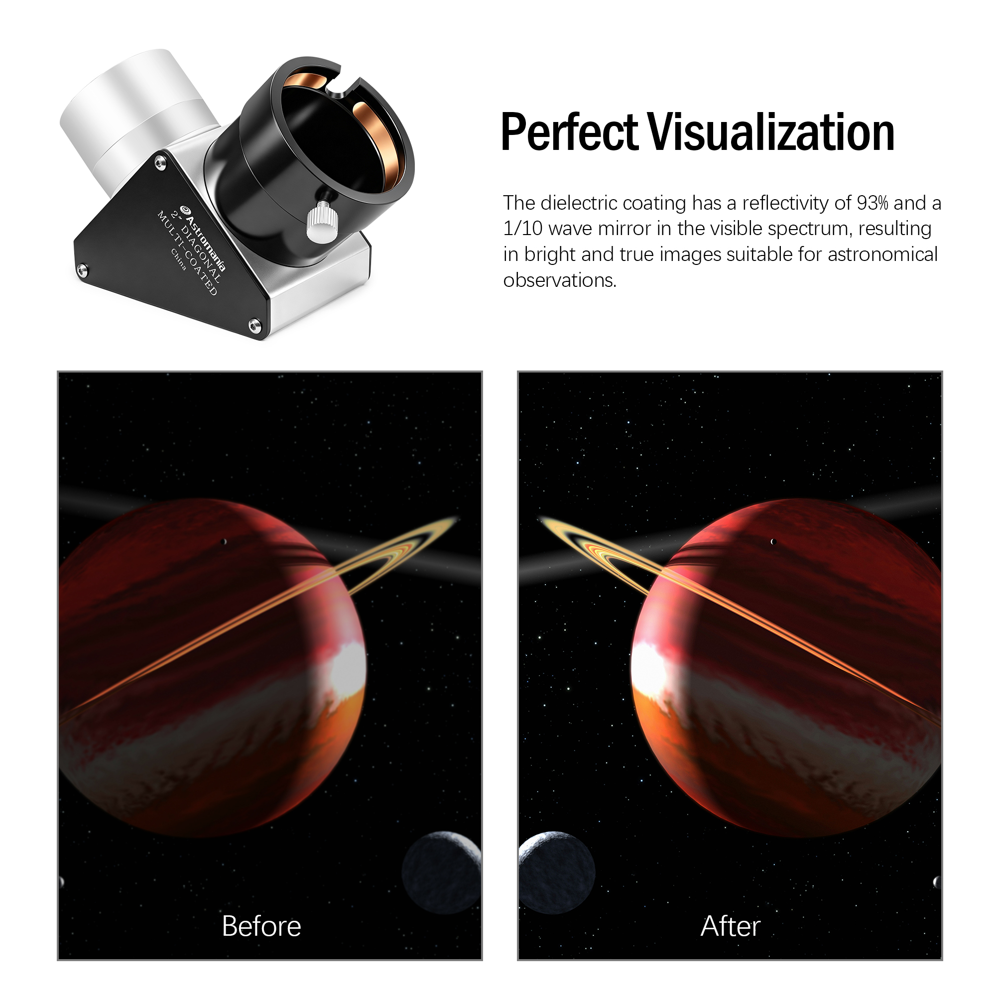 Astromania 2 Inch Star Diagonal 90-Degree Mirror with 93% Reflectivity Dielectric Coatings - Fully Metal for Refracting Telescope Eyepiece Lens for Astronomical Visual Astrophotography