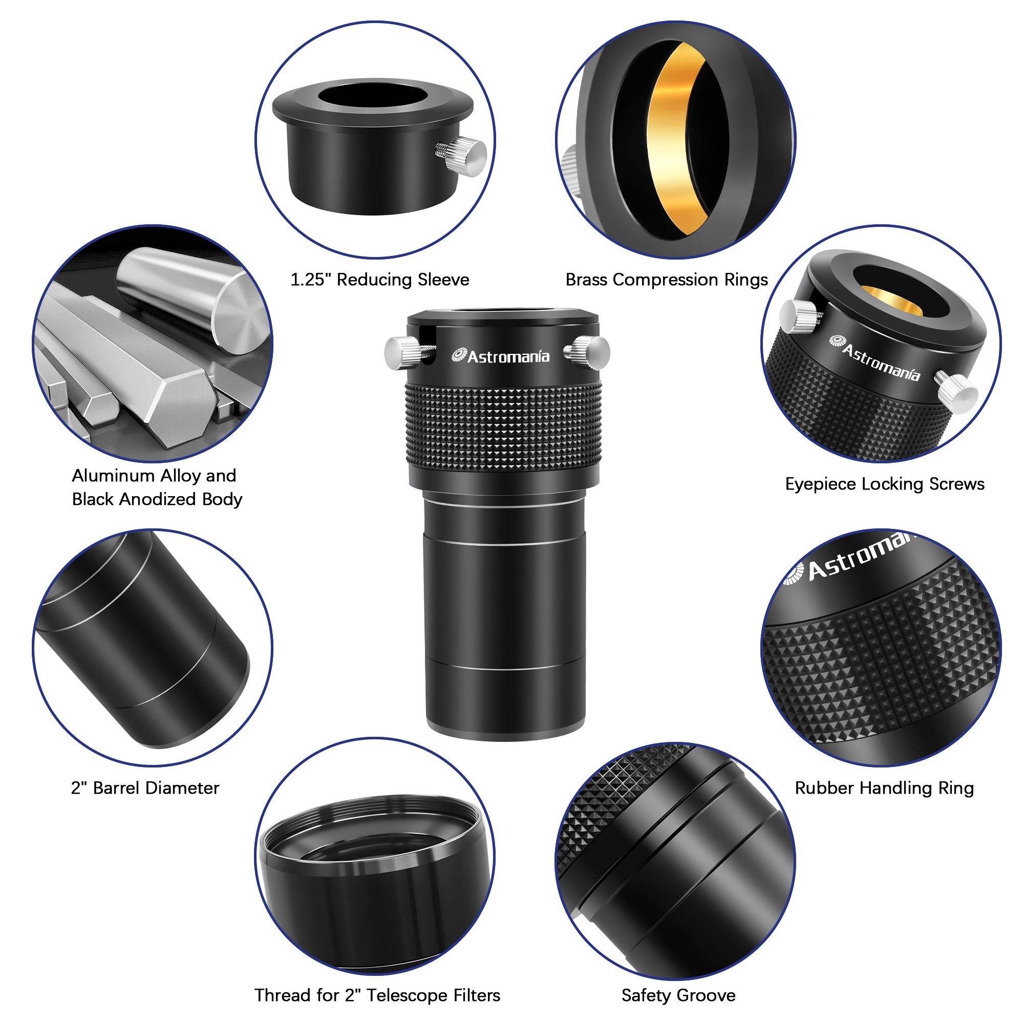 Astromania Barlow Lens 2X, 2 Inch Barlow Lens Fully Multi-Coated Metal for Telescopes Premium Dual Power ED Glass Telescope Accessory with Internal Brass Ring for 2 inch & 1.25 inch Telescope Eyepiece