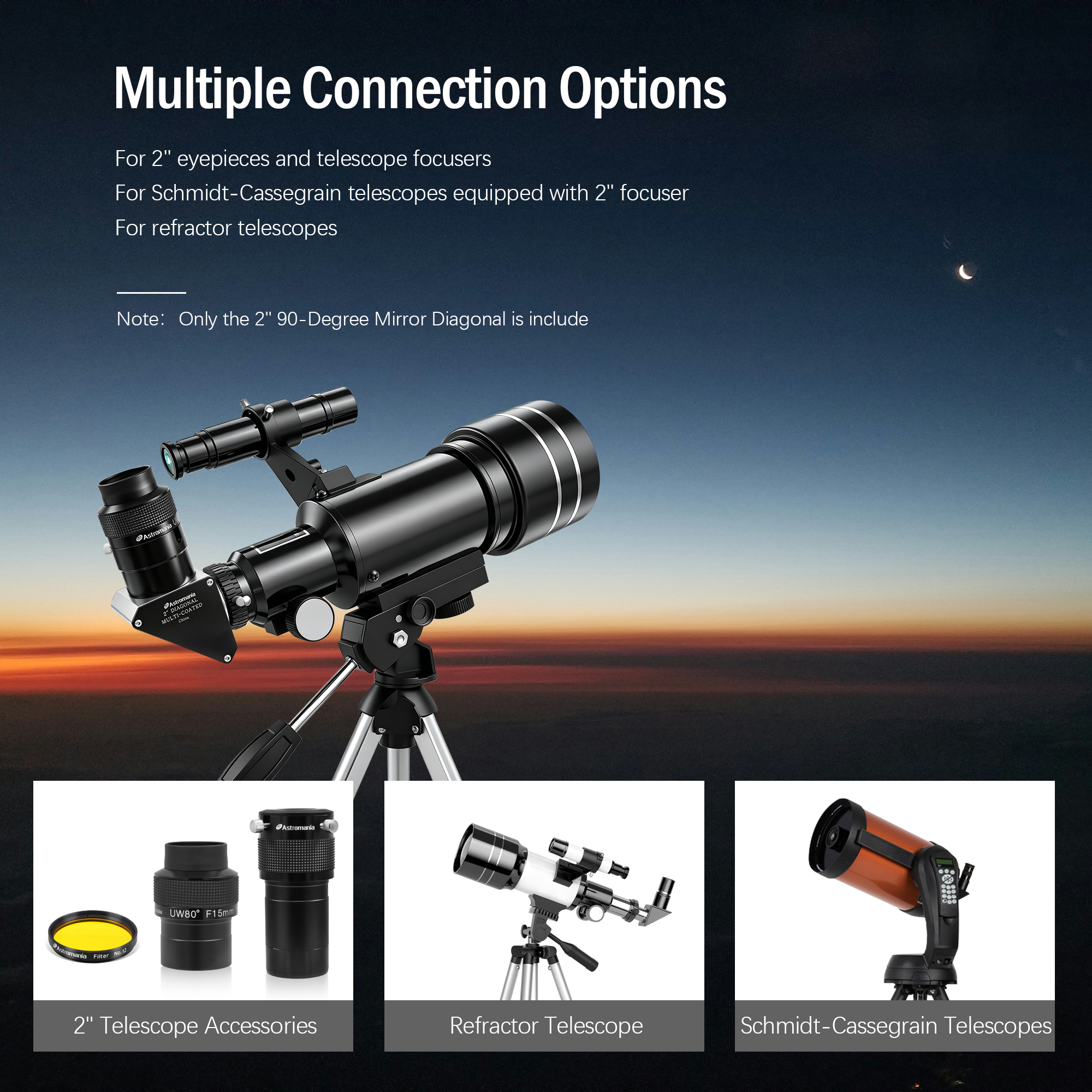 Astromania 2 Inch Star Diagonal 90-Degree Mirror with 93% Reflectivity Dielectric Coatings - Fully Metal for Refracting Telescope Eyepiece Lens for Astronomical Visual Astrophotography