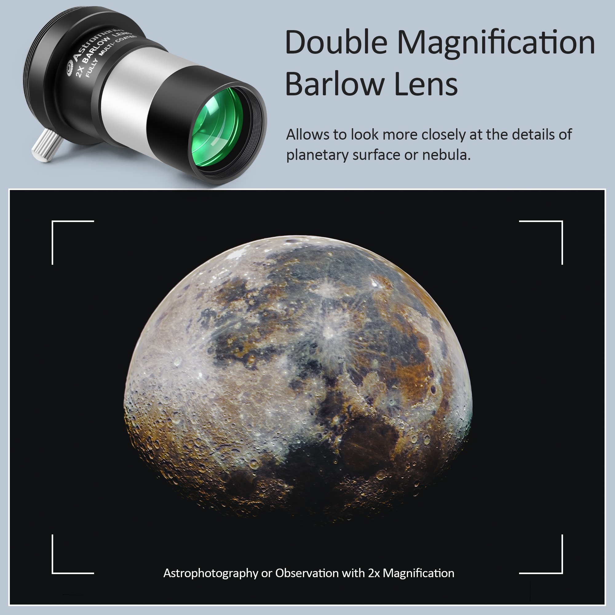 Astromania 2X Barlow Lens Upgraded 1.25 inch Metal Fully Multi Coated Telescope Accessory with M42 Thread Camera Connect Interface for Telescope Eyepiece, Telescope Barlow Lens with Filter Thread