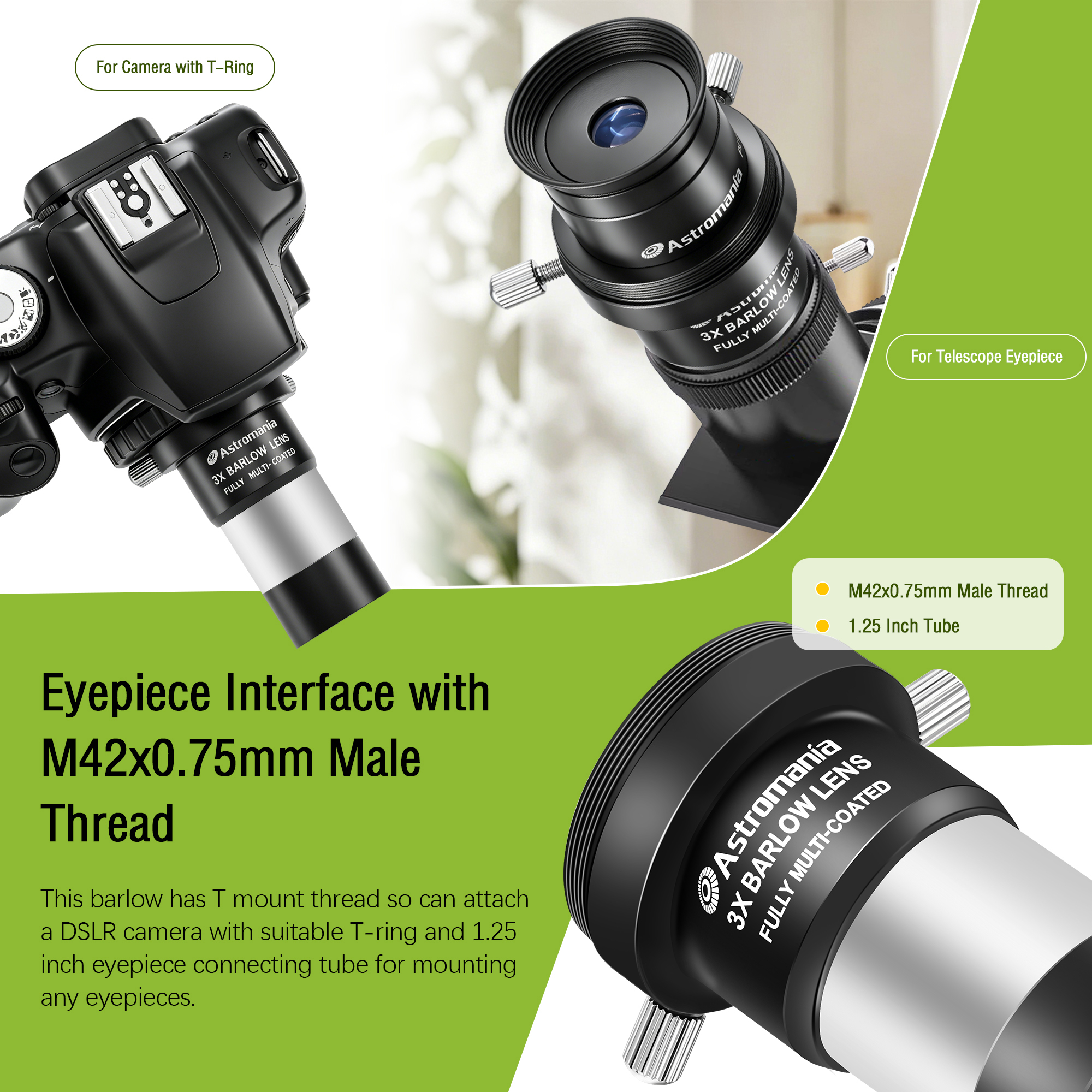 Astromania 3X Barlow Lens 1.25 inch Fully Multi Coated Metal Short Focus Barlow Lens Internal Brass Ring & Two Fixing Thumbscrews, M42 Thread Camera Connect Interface for Telescope Eyepiece