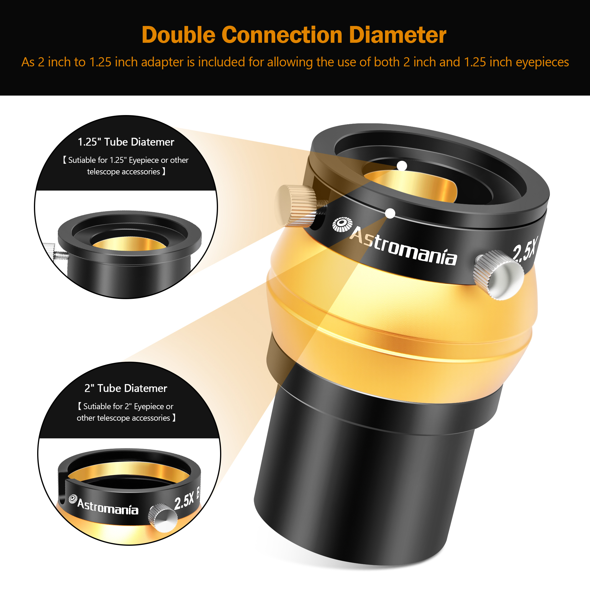Astromania Upgraded 2.5x 2 inch Barlow Lens - 4 Elements Broadband Green Film with Fully Multi Coated, Metal Telescope Accessory with Internal Brass Ring for 2 inch & 1.25 inch Telescope Eyepiece