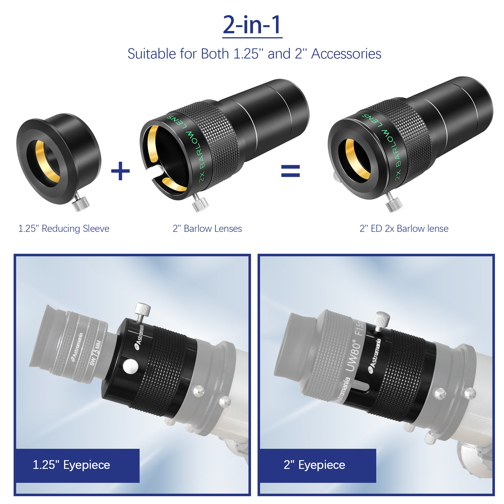 Astromania Barlow Lens 2X, 2 Inch Barlow Lens Fully Multi-Coated Metal for Telescopes Premium Dual Power ED Glass Telescope Accessory with Internal Brass Ring for 2 inch & 1.25 inch Telescope Eyepiece