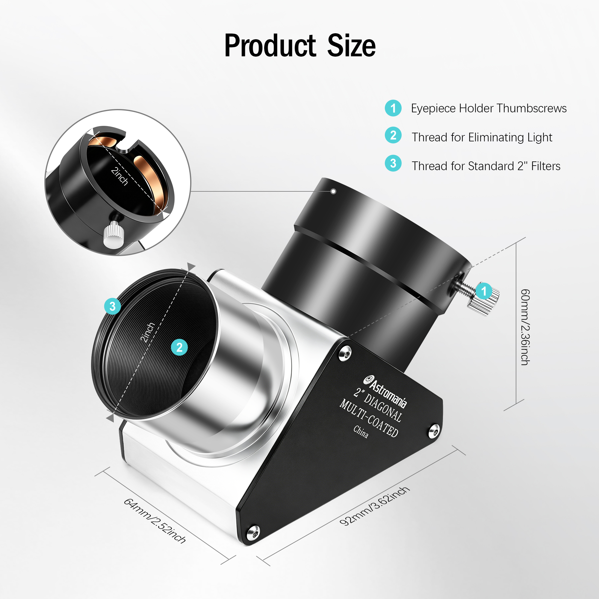 Astromania 2 Inch Star Diagonal 90-Degree Mirror with 93% Reflectivity Dielectric Coatings - Fully Metal for Refracting Telescope Eyepiece Lens for Astronomical Visual Astrophotography