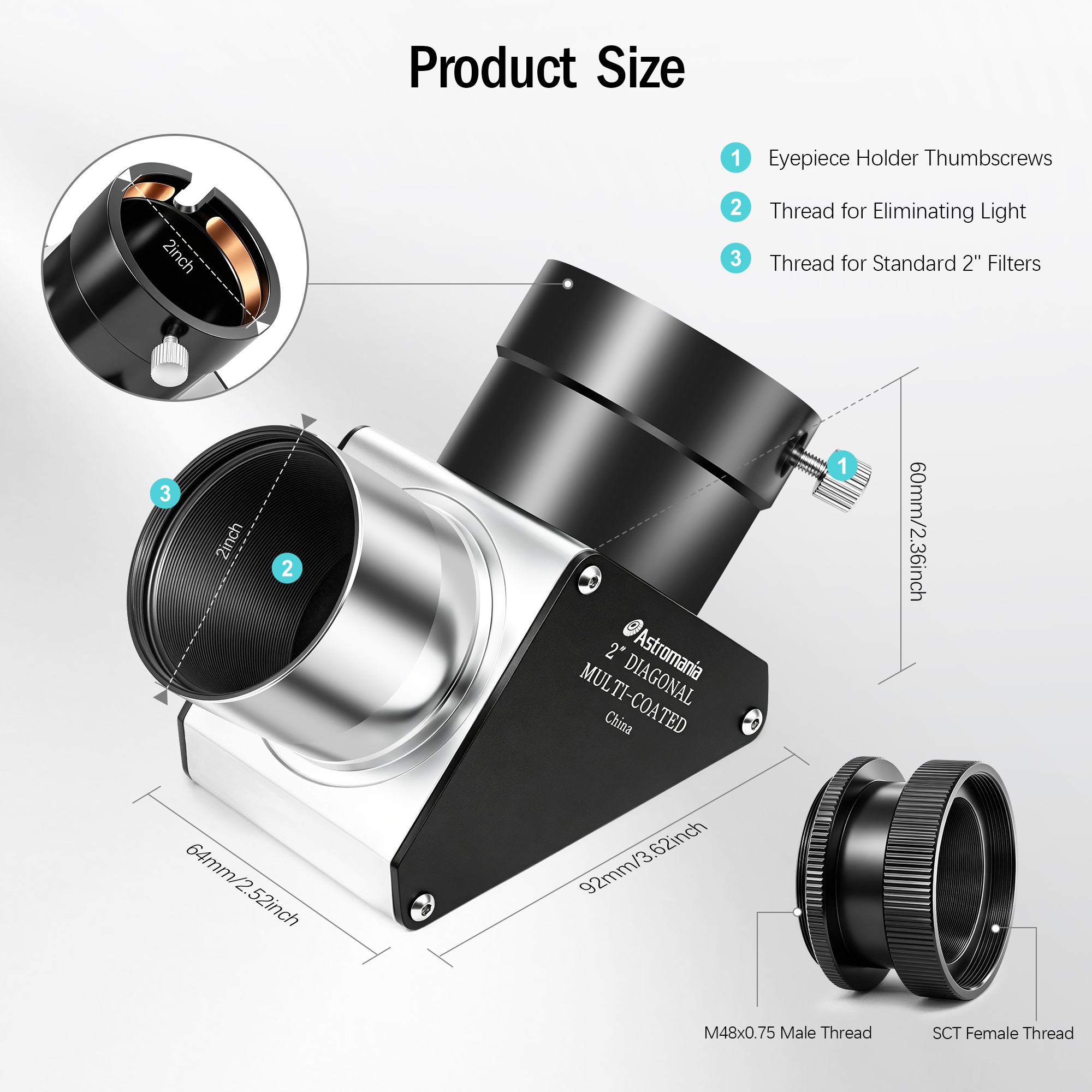 Astromania 2 Inch SCT Diagonal 90-Degree Mirror Fully Metal with 93% Reflectivity Across Visible Spectrum - Suitable for Most Telescopes, including Refractor and Schmidt-Cassegrain telescopes