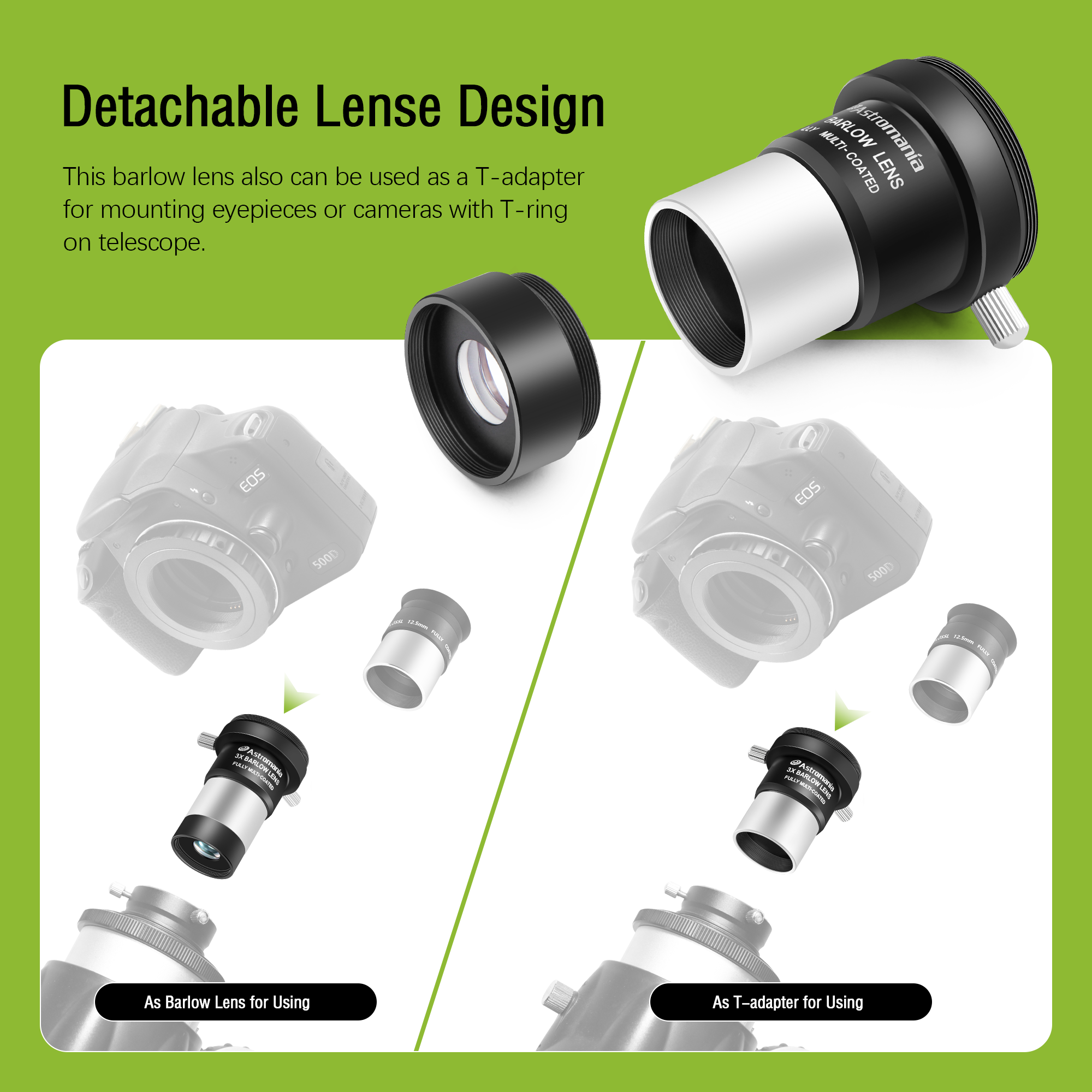 Astromania 3X Barlow Lens 1.25 inch Fully Multi Coated Metal Short Focus Barlow Lens Internal Brass Ring & Two Fixing Thumbscrews, M42 Thread Camera Connect Interface for Telescope Eyepiece