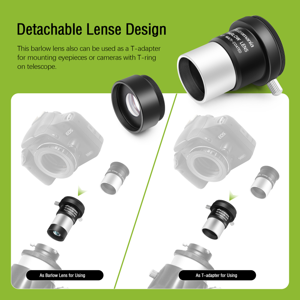 Astromania 3X Barlow Lens 1.25 inch Fully Multi Coated Metal Short Focus Barlow Lens Internal Brass Ring & Two Fixing Thumbscrews, M42 Thread Camera Connect Interface for Telescope Eyepiece
