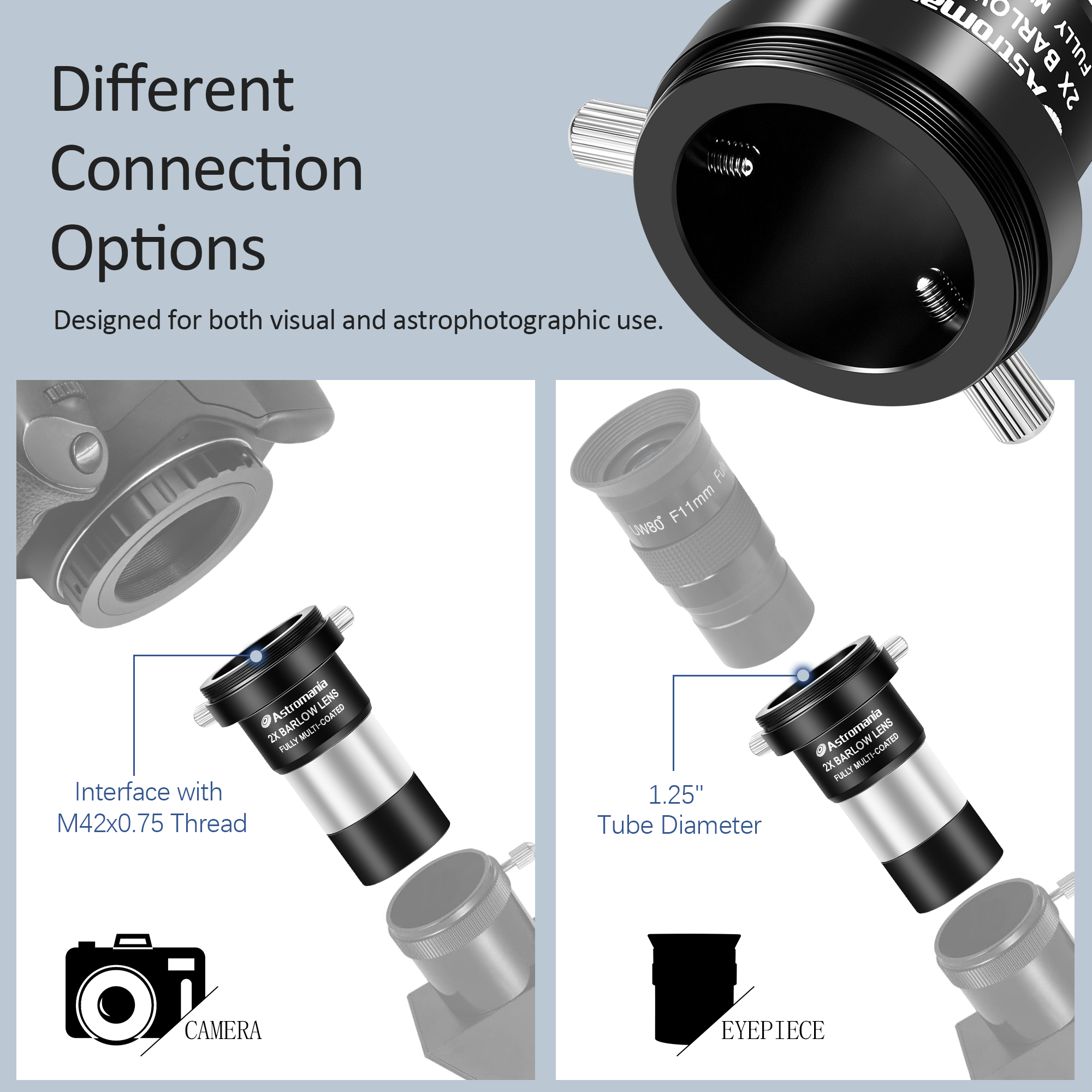 Astromania 2X Barlow Lens Upgraded 1.25 inch Metal Fully Multi Coated Telescope Accessory with M42 Thread Camera Connect Interface for Telescope Eyepiece, Telescope Barlow Lens with Filter Thread