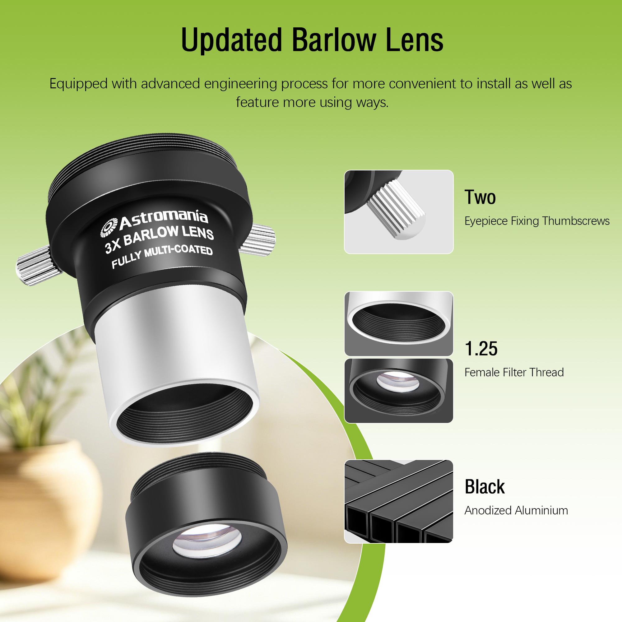 Astromania 3X Barlow Lens 1.25 inch Fully Multi Coated Metal Short Focus Barlow Lens Internal Brass Ring & Two Fixing Thumbscrews, M42 Thread Camera Connect Interface for Telescope Eyepiece