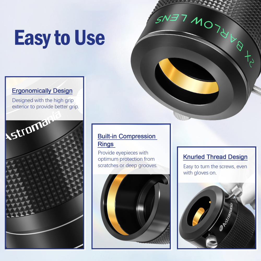 Astromania Barlow Lens 2X, 2 Inch Barlow Lens Fully Multi-Coated Metal for Telescopes Premium Dual Power ED Glass Telescope Accessory with Internal Brass Ring for 2 inch & 1.25 inch Telescope Eyepiece