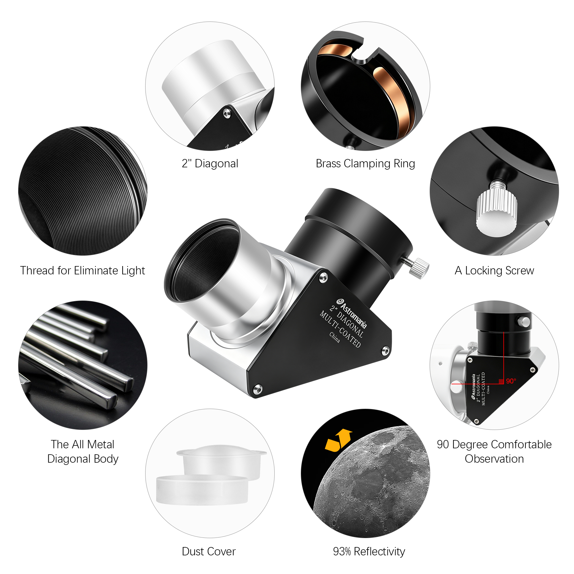 Astromania 2 Inch Star Diagonal 90-Degree Mirror with 93% Reflectivity Dielectric Coatings - Fully Metal for Refracting Telescope Eyepiece Lens for Astronomical Visual Astrophotography