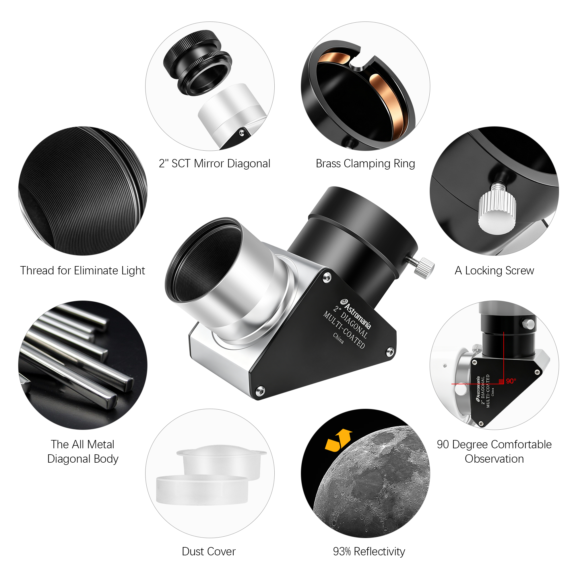 Astromania 2 Inch SCT Diagonal 90-Degree Mirror Fully Metal with 93% Reflectivity Across Visible Spectrum - Suitable for Most Telescopes, including Refractor and Schmidt-Cassegrain telescopes