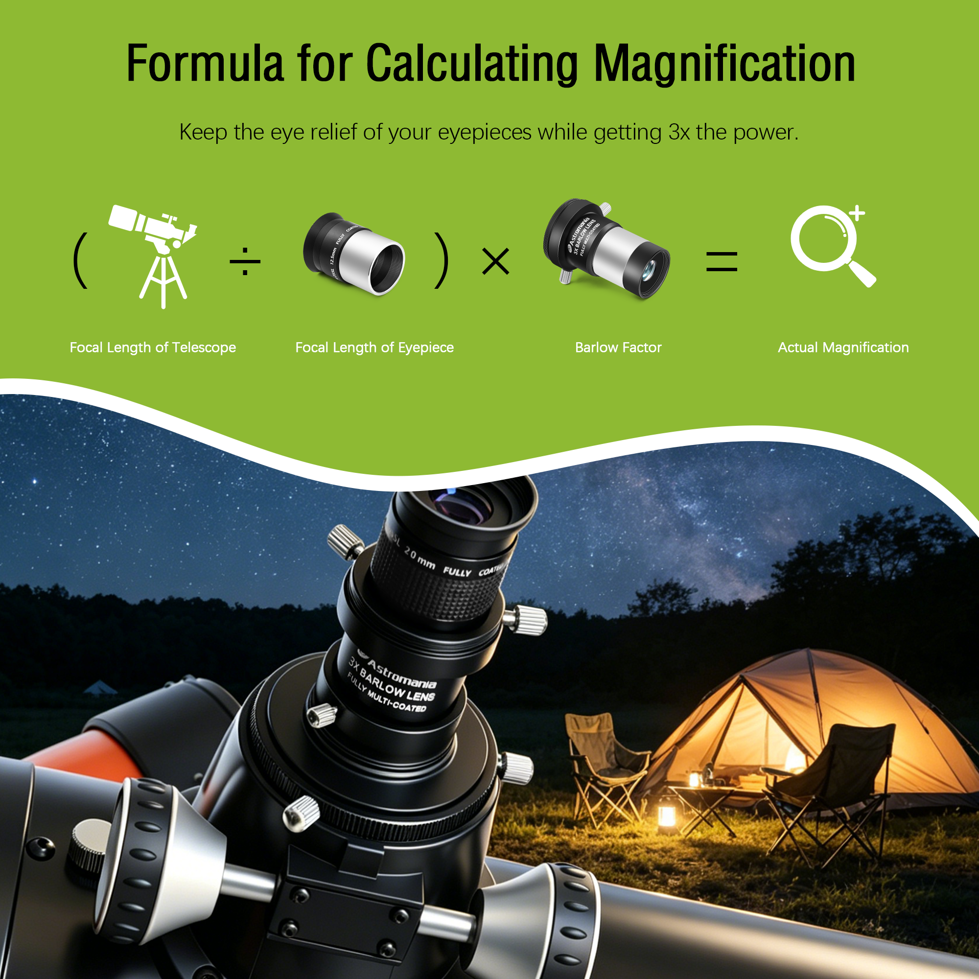 Astromania 3X Barlow Lens 1.25 inch Fully Multi Coated Metal Short Focus Barlow Lens Internal Brass Ring & Two Fixing Thumbscrews, M42 Thread Camera Connect Interface for Telescope Eyepiece
