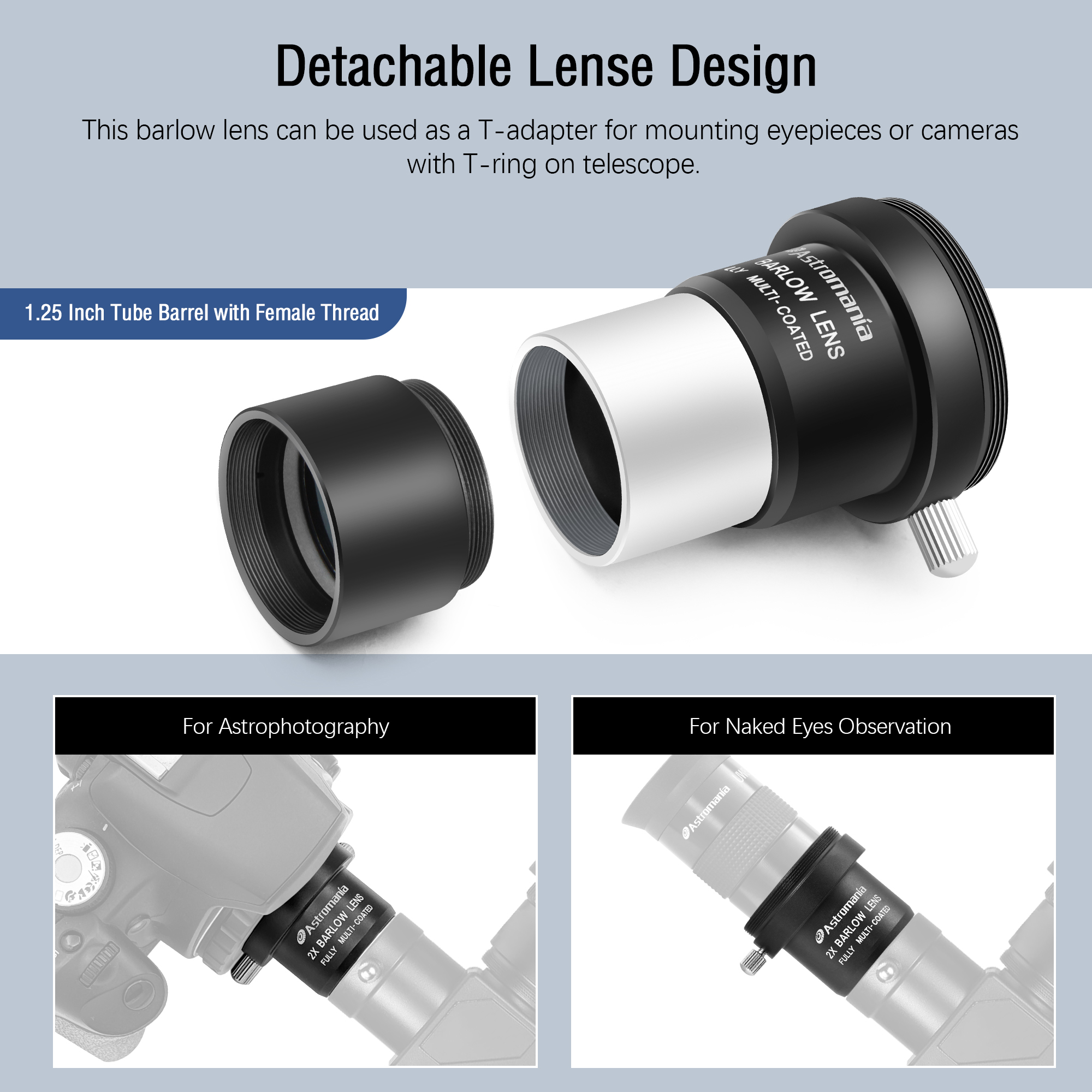 Astromania 2X Barlow Lens Upgraded 1.25 inch Metal Fully Multi Coated Telescope Accessory with M42 Thread Camera Connect Interface for Telescope Eyepiece, Telescope Barlow Lens with Filter Thread