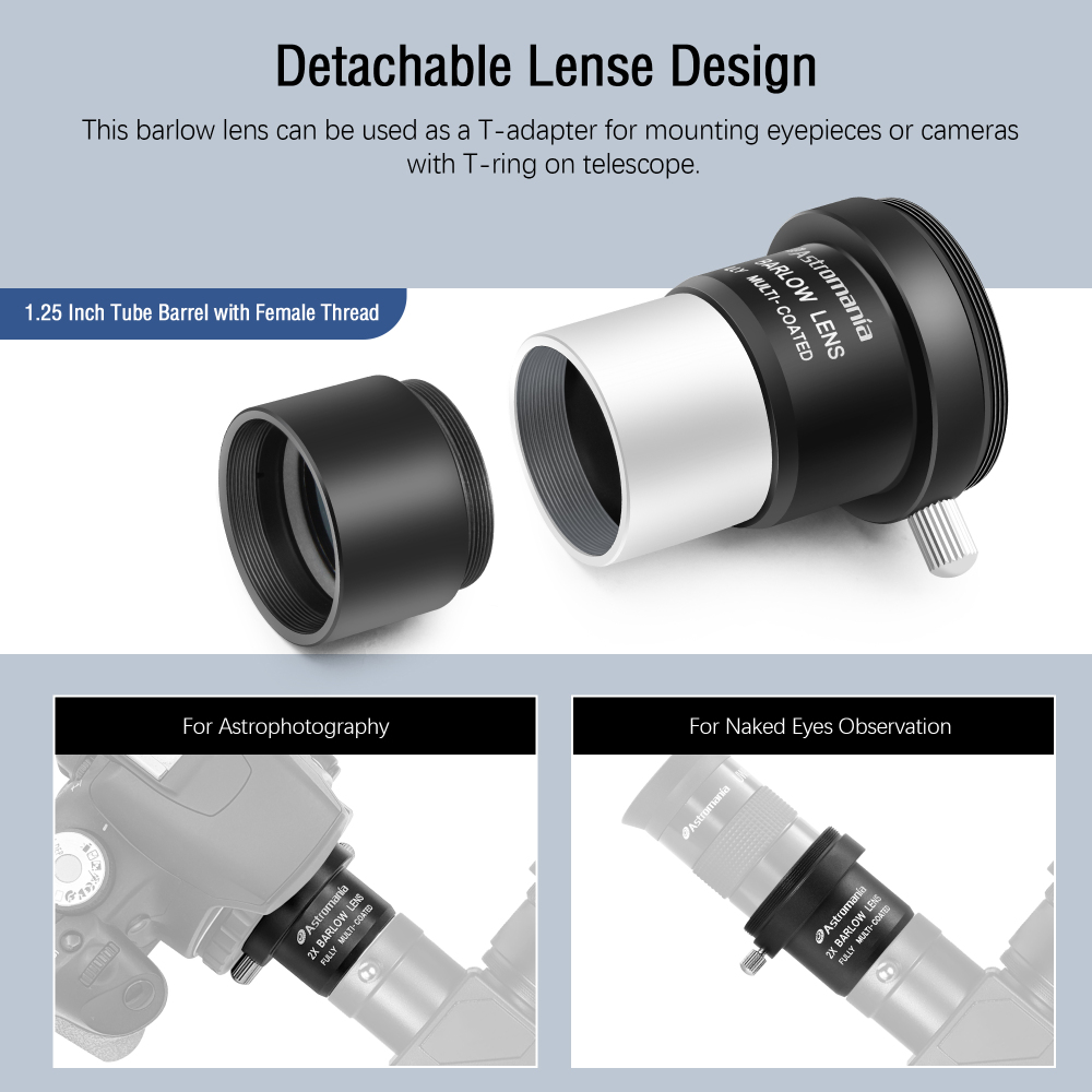 Astromania 2X Barlow Lens Upgraded 1.25 inch Metal Fully Multi Coated Telescope Accessory with M42 Thread Camera Connect Interface for Telescope Eyepiece, Telescope Barlow Lens with Filter Thread