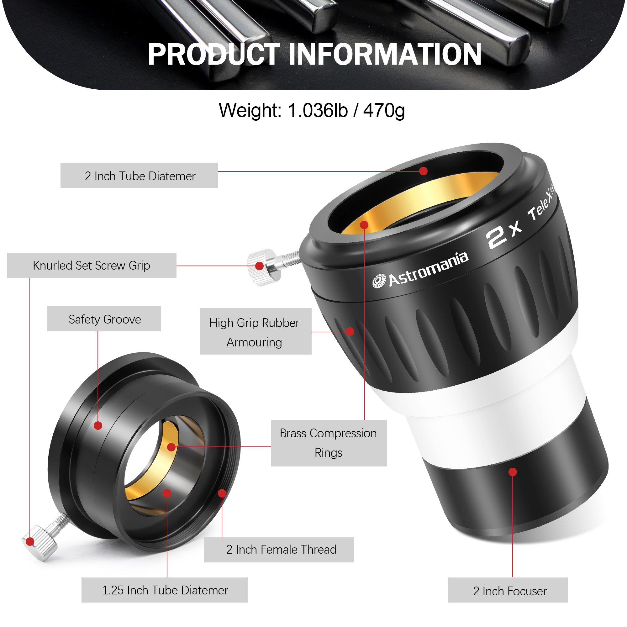 Astromania 2X Barlow Lens for Telescope, 2 Inch 4 Element Fully Multi-Coated Metal High Power Premium Barlow Lens - Internal Brass Ring to Use of Both 1.25 Inch and 2 Inch Telescope Eyepiece