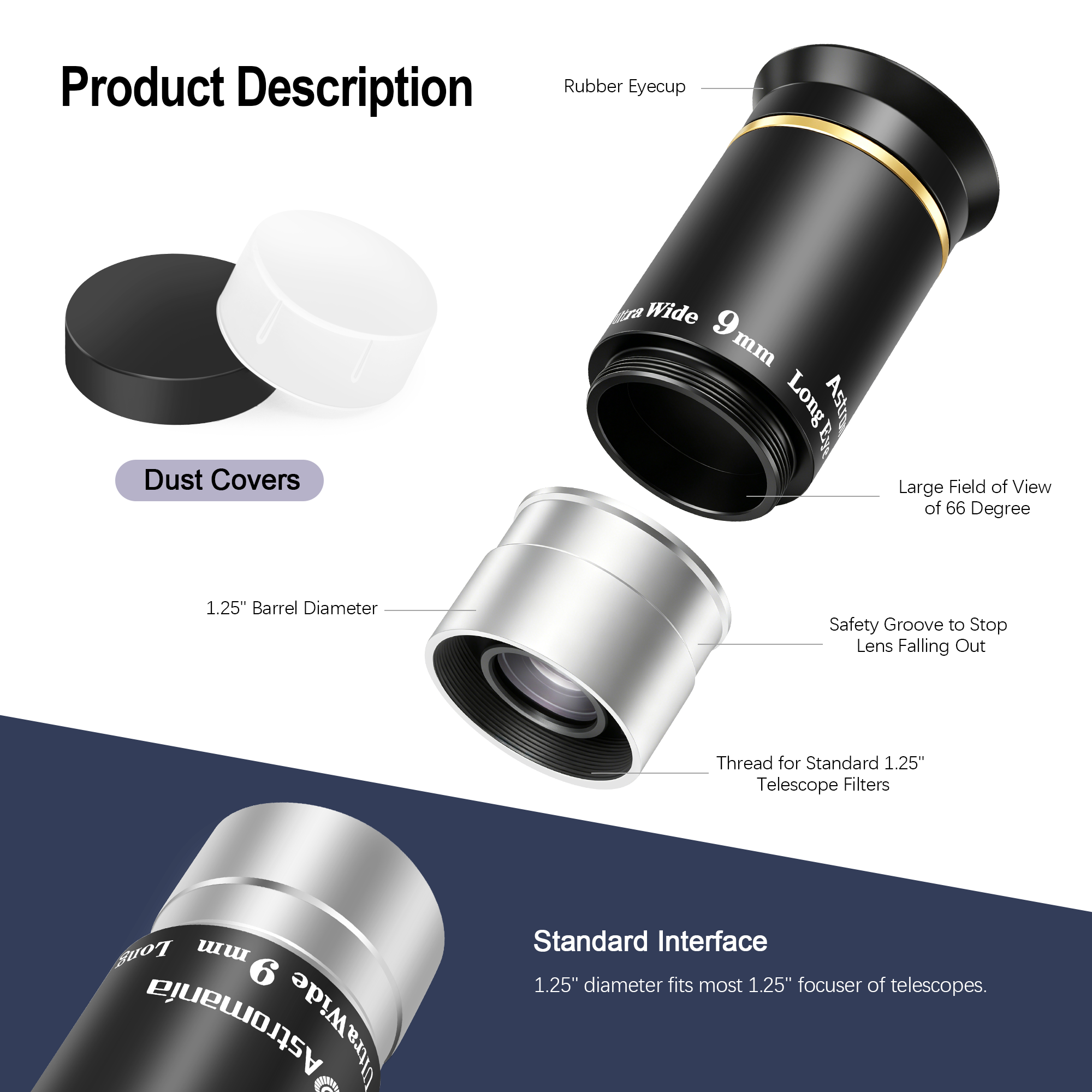Astromania Telescope Eyepiece 1.25 inch HD Fully Multi Coated Telescope Accessory, 66 Degree Ultra Wide Angle Eyepiece for Astronomy Telescope, Long Eye Relief HD 9mm Wide Angle Telescope Eyepiece