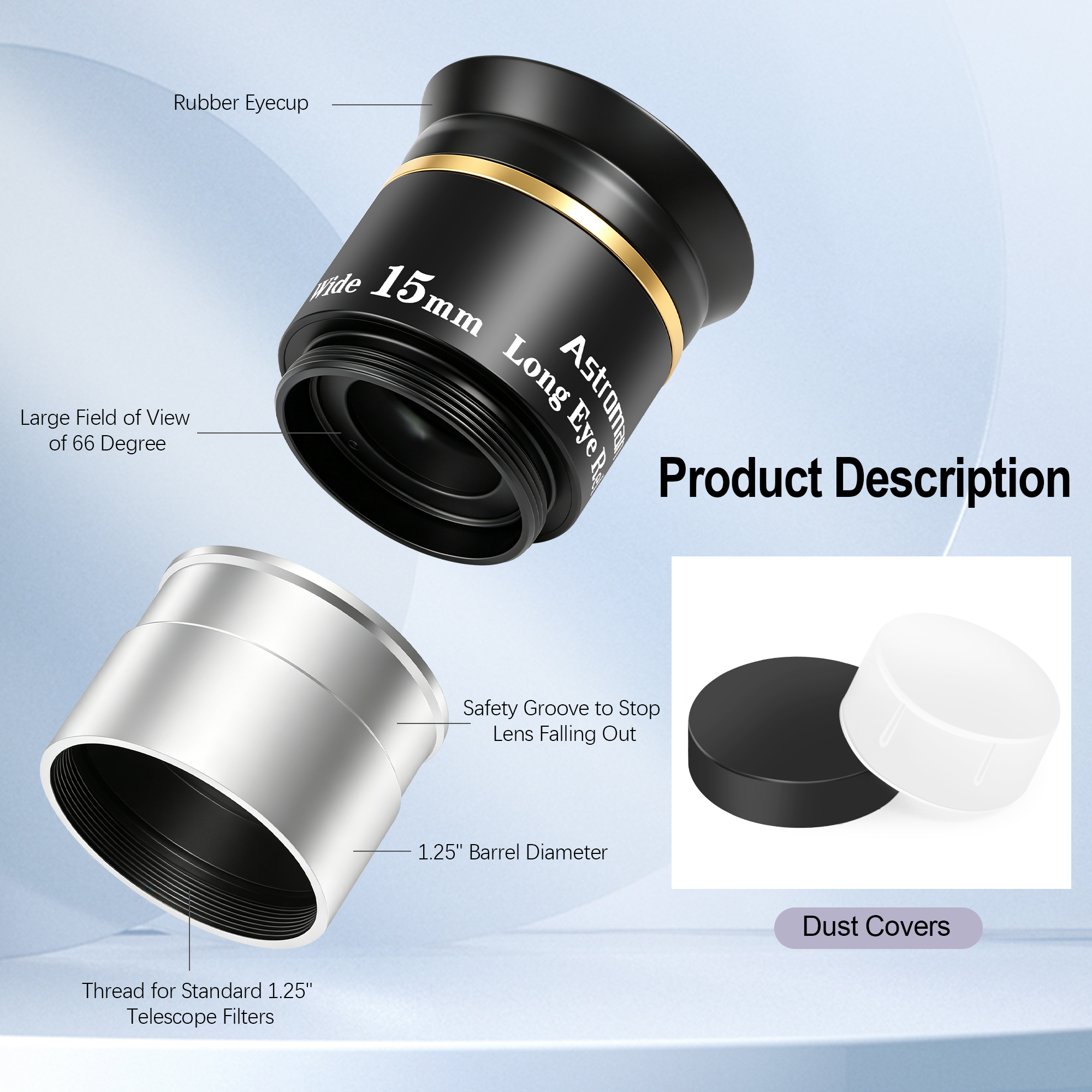 Astromania Telescope Eyepiece 1.25 inch HD Fully Multi Coated Telescope Accessory, 66 Degree Ultra Wide Angle Eyepiece for Astronomy Telescope, Long Eye Relief HD 15mm Wide Angle Telescope Eyepiece