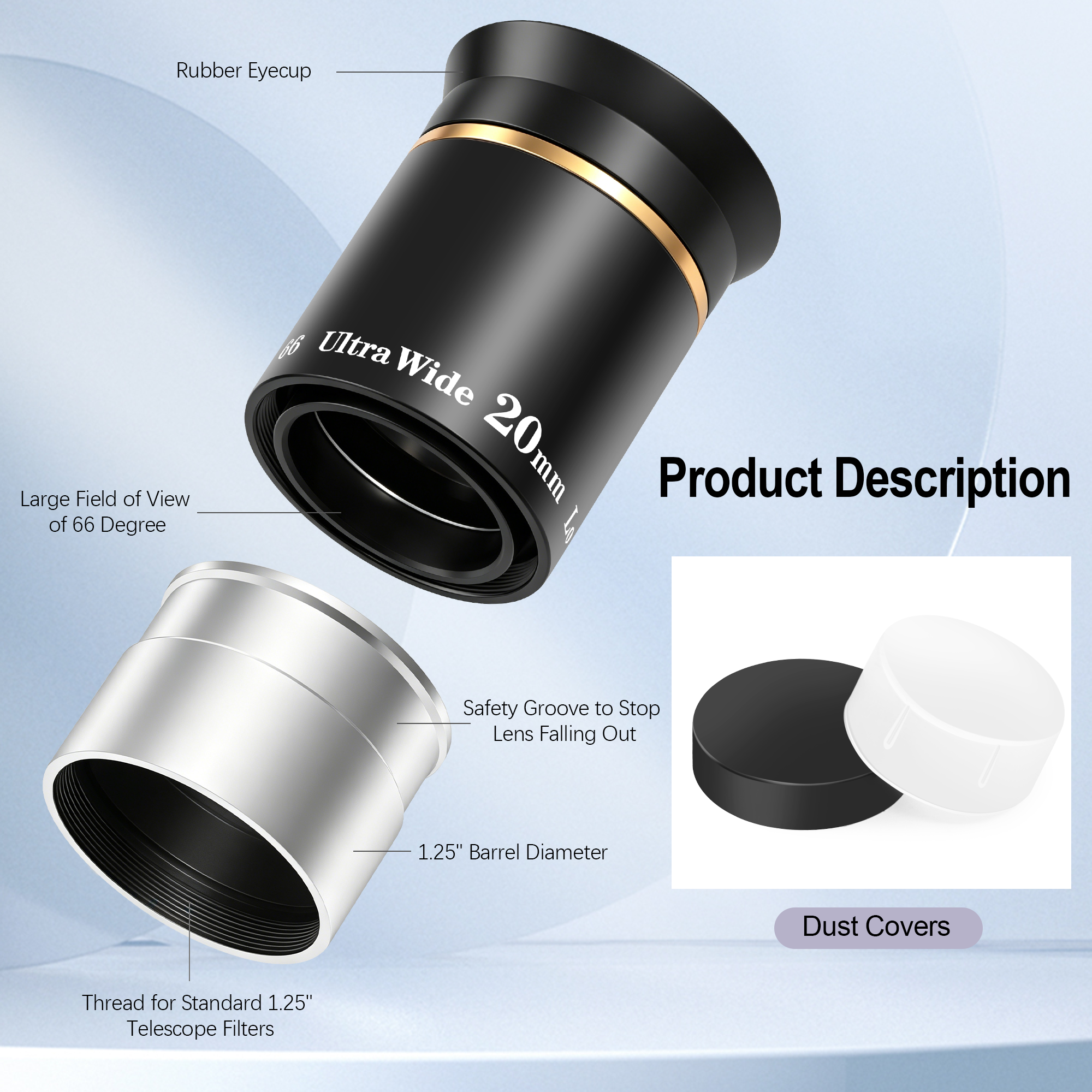 Astromania Telescope Eyepiece 1.25 inch HD Fully Multi Coated Telescope Accessory, 66 Degree Ultra Wide Angle Eyepiece for Astronomy Telescope, Long Eye Relief HD 20mm Wide Angle Telescope Eyepiece