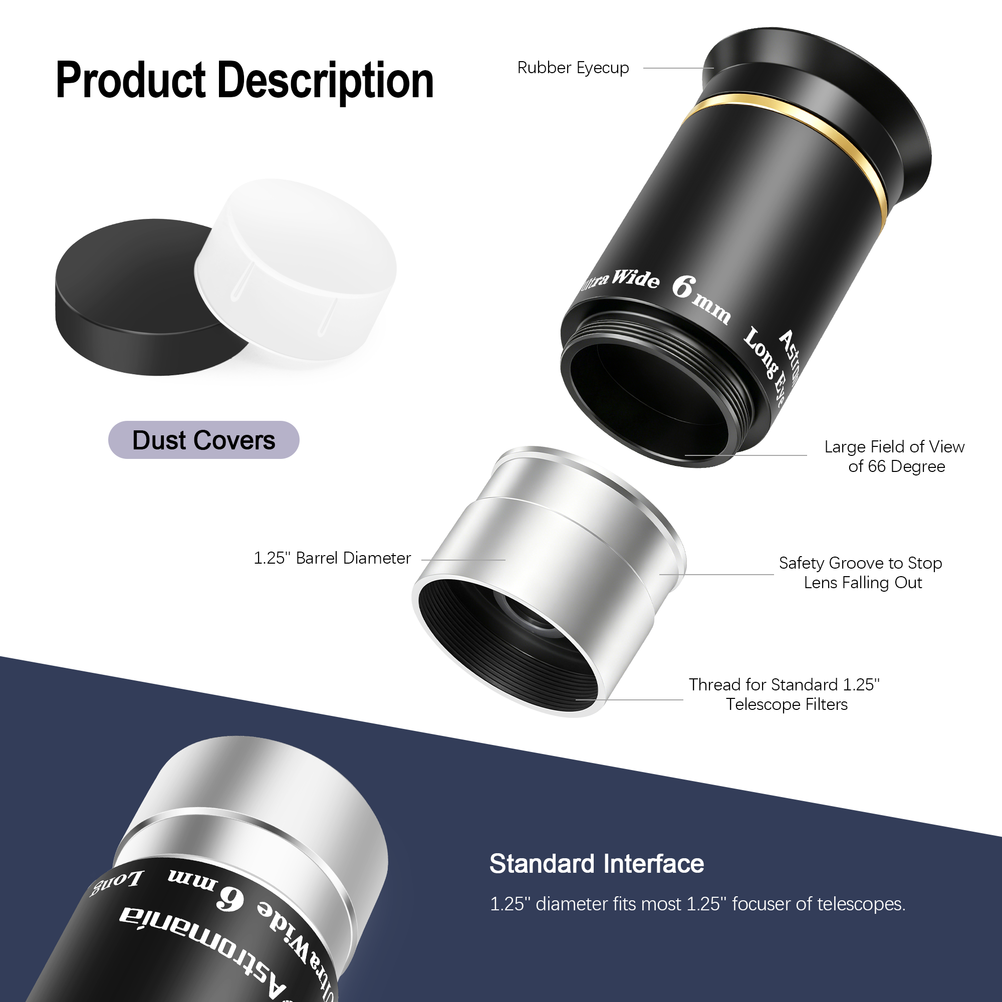 Astromania Telescope Eyepiece 1.25 inch HD Fully Multi Coated Telescope Accessory, 66 Degree Ultra Wide Angle Eyepiece for Astronomy Telescope, Long Eye Relief HD 6mm Wide Angle Telescope Eyepiece