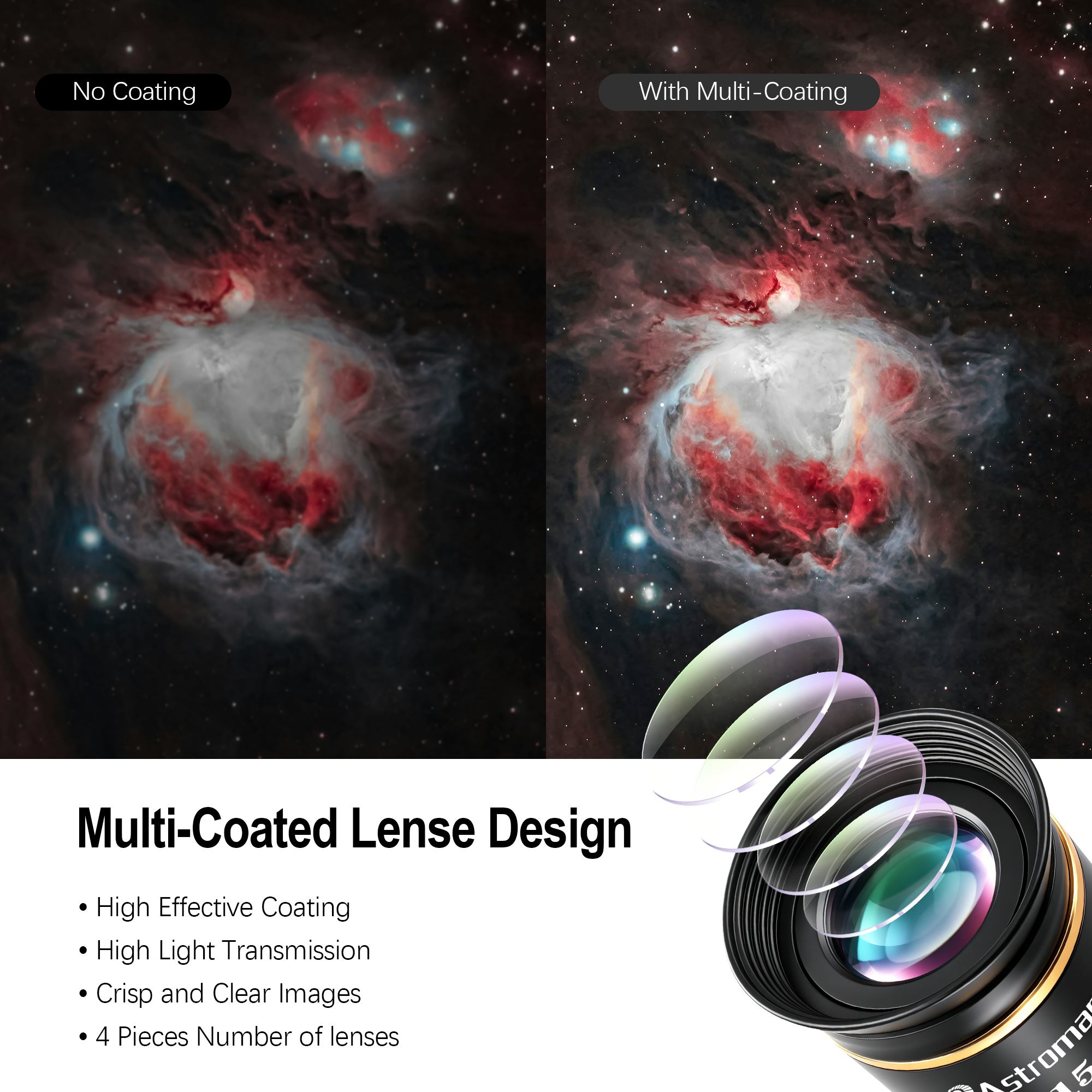 Astromania Telescope Eyepiece 1.25 inch HD Fully Multi Coated Telescope Accessory, 66 Degree Ultra Wide Angle Eyepiece for Astronomy Telescope, Long Eye Relief HD 15mm Wide Angle Telescope Eyepiece