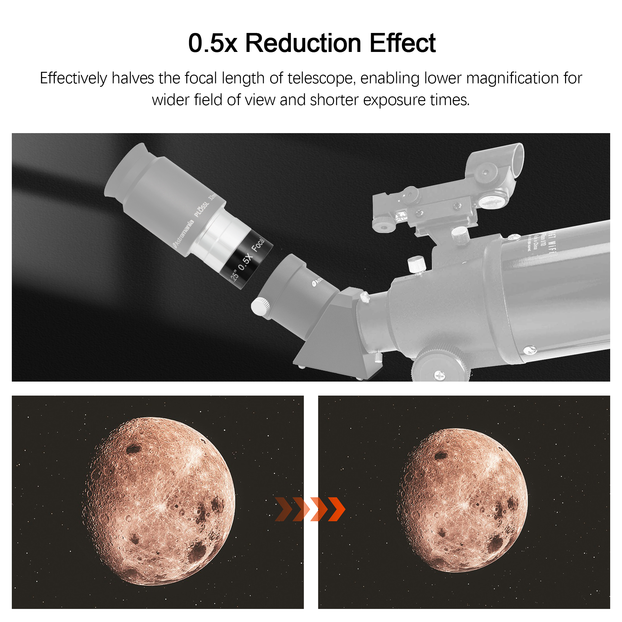 Astromania 0.5X Focal Reducer for Telescope, Fully Multi Coated Field Corrector Imaging Accessory for Telescope Eyepiece Visual and Photography Use - 1.25 inch Filter Thread 28.5x0.75mm on Both Sides
