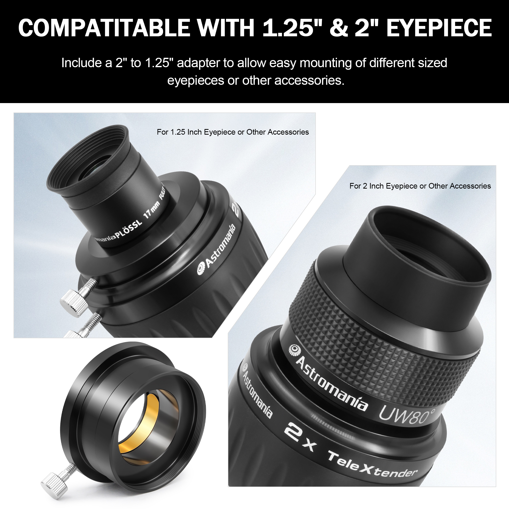 Astromania 2X Barlow Lens for Telescope, 2 Inch 4 Element Fully Multi-Coated Metal High Power Premium Barlow Lens - Internal Brass Ring to Use of Both 1.25 Inch and 2 Inch Telescope Eyepiece