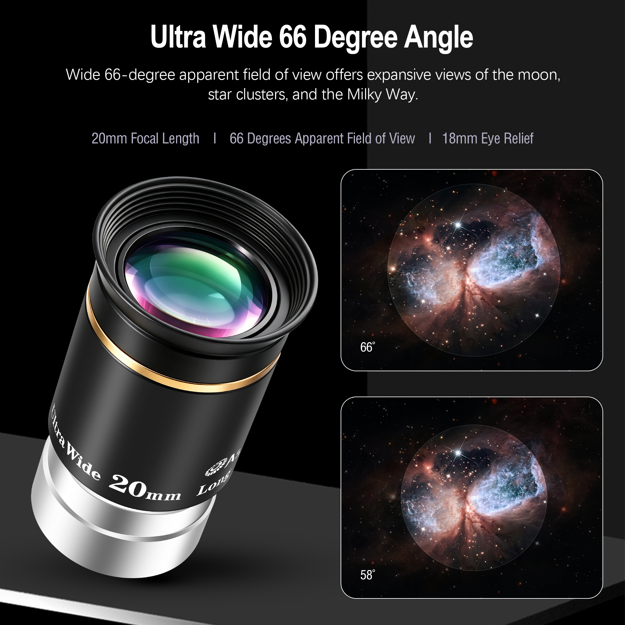 Astromania Telescope Eyepiece 1.25 inch HD Fully Multi Coated Telescope Accessory, 66 Degree Ultra Wide Angle Eyepiece for Astronomy Telescope, Long Eye Relief HD 20mm Wide Angle Telescope Eyepiece