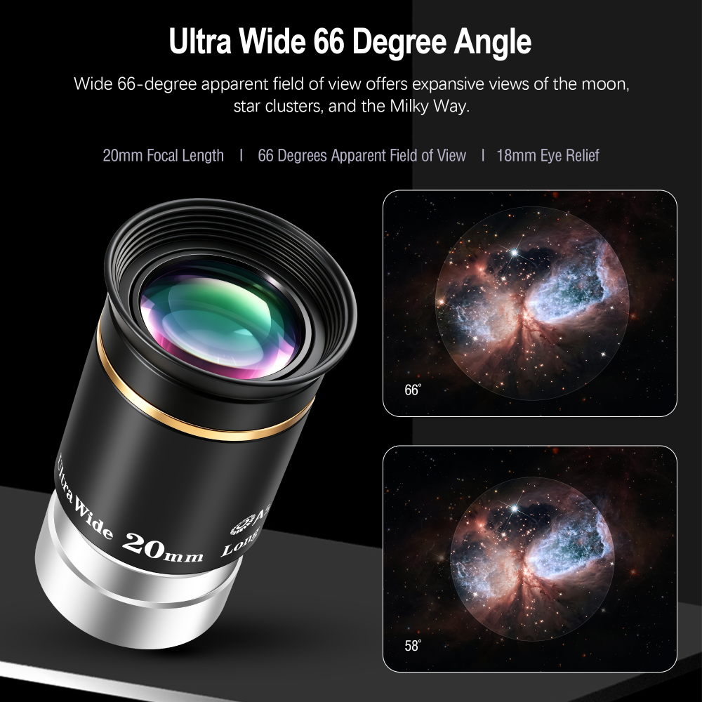 Astromania Telescope Eyepiece 1.25 inch HD Fully Multi Coated Telescope Accessory, 66 Degree Ultra Wide Angle Eyepiece for Astronomy Telescope, Long Eye Relief HD 20mm Wide Angle Telescope Eyepiece