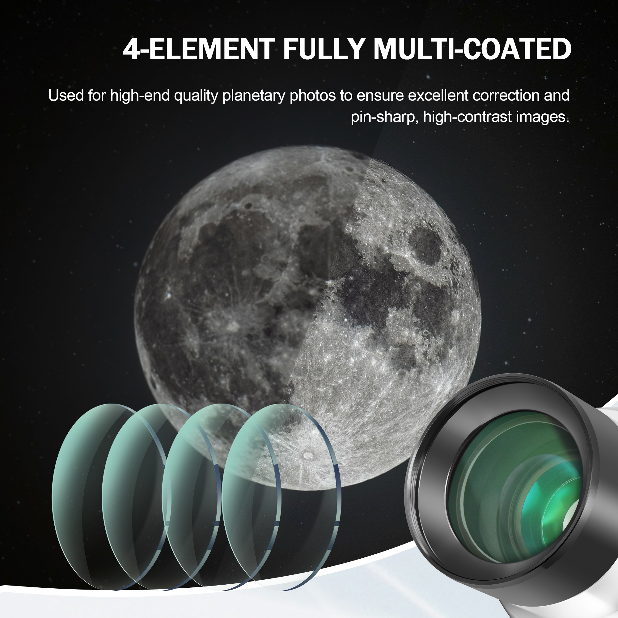 Astromania 2X Barlow Lens for Telescope, 2 Inch 4 Element Fully Multi-Coated Metal High Power Premium Barlow Lens - Internal Brass Ring to Use of Both 1.25 Inch and 2 Inch Telescope Eyepiece