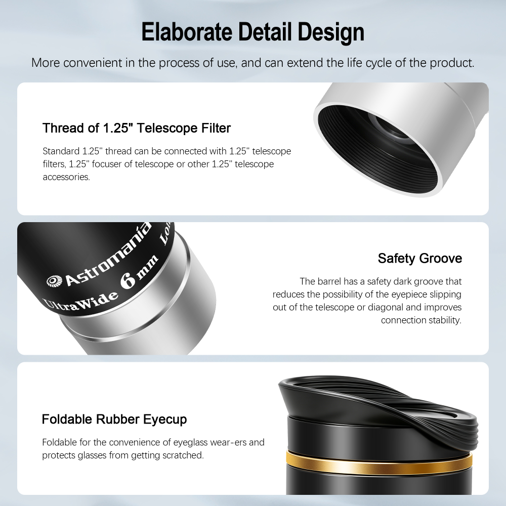 Astromania Telescope Eyepiece 1.25 inch HD Fully Multi Coated Telescope Accessory, 66 Degree Ultra Wide Angle Eyepiece for Astronomy Telescope, Long Eye Relief HD 6mm Wide Angle Telescope Eyepiece