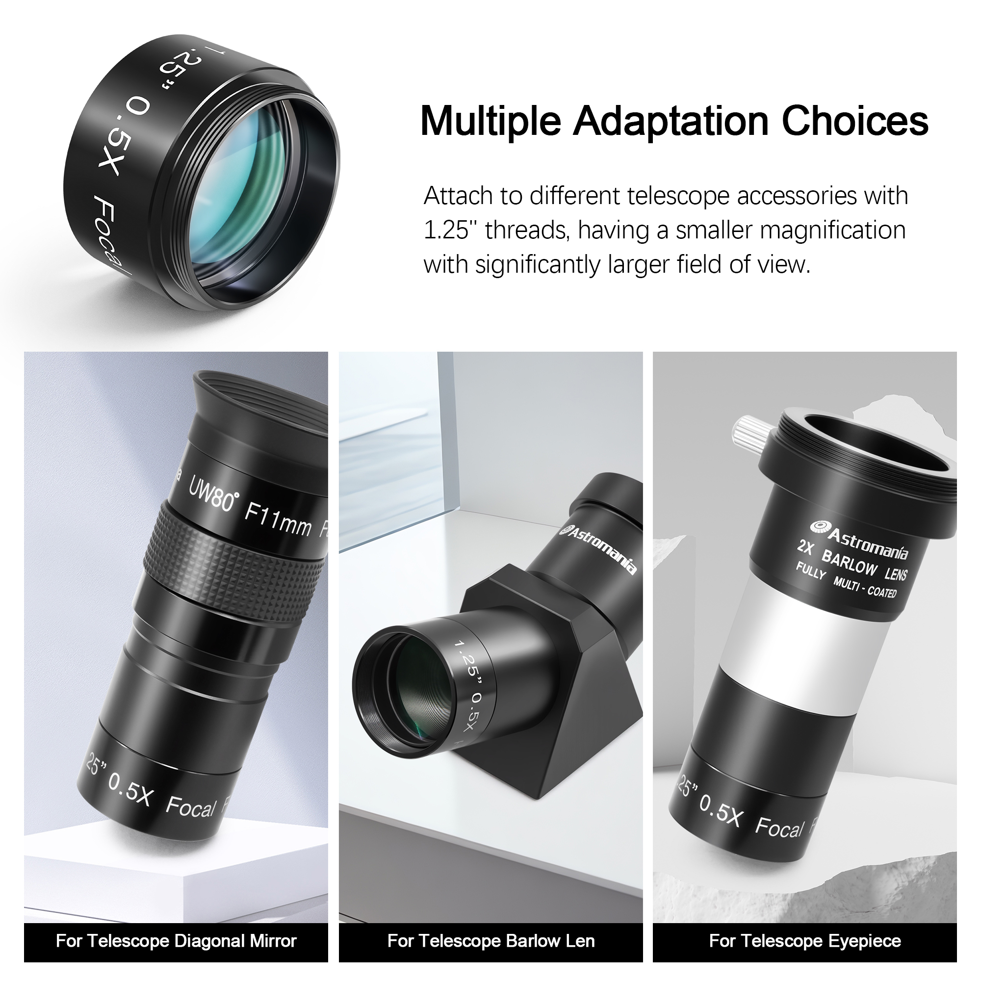 Astromania 0.5X Focal Reducer for Telescope, Fully Multi Coated Field Corrector Imaging Accessory for Telescope Eyepiece Visual and Photography Use - 1.25 inch Filter Thread 28.5x0.75mm on Both Sides
