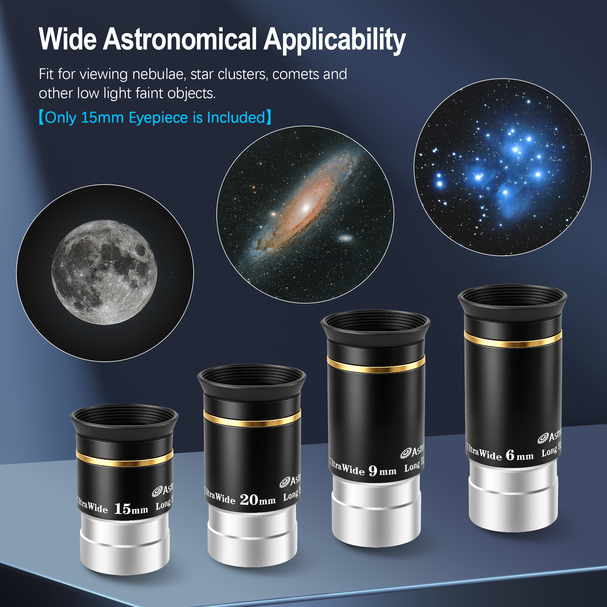 Astromania Telescope Eyepiece 1.25 inch HD Fully Multi Coated Telescope Accessory, 66 Degree Ultra Wide Angle Eyepiece for Astronomy Telescope, Long Eye Relief HD 15mm Wide Angle Telescope Eyepiece
