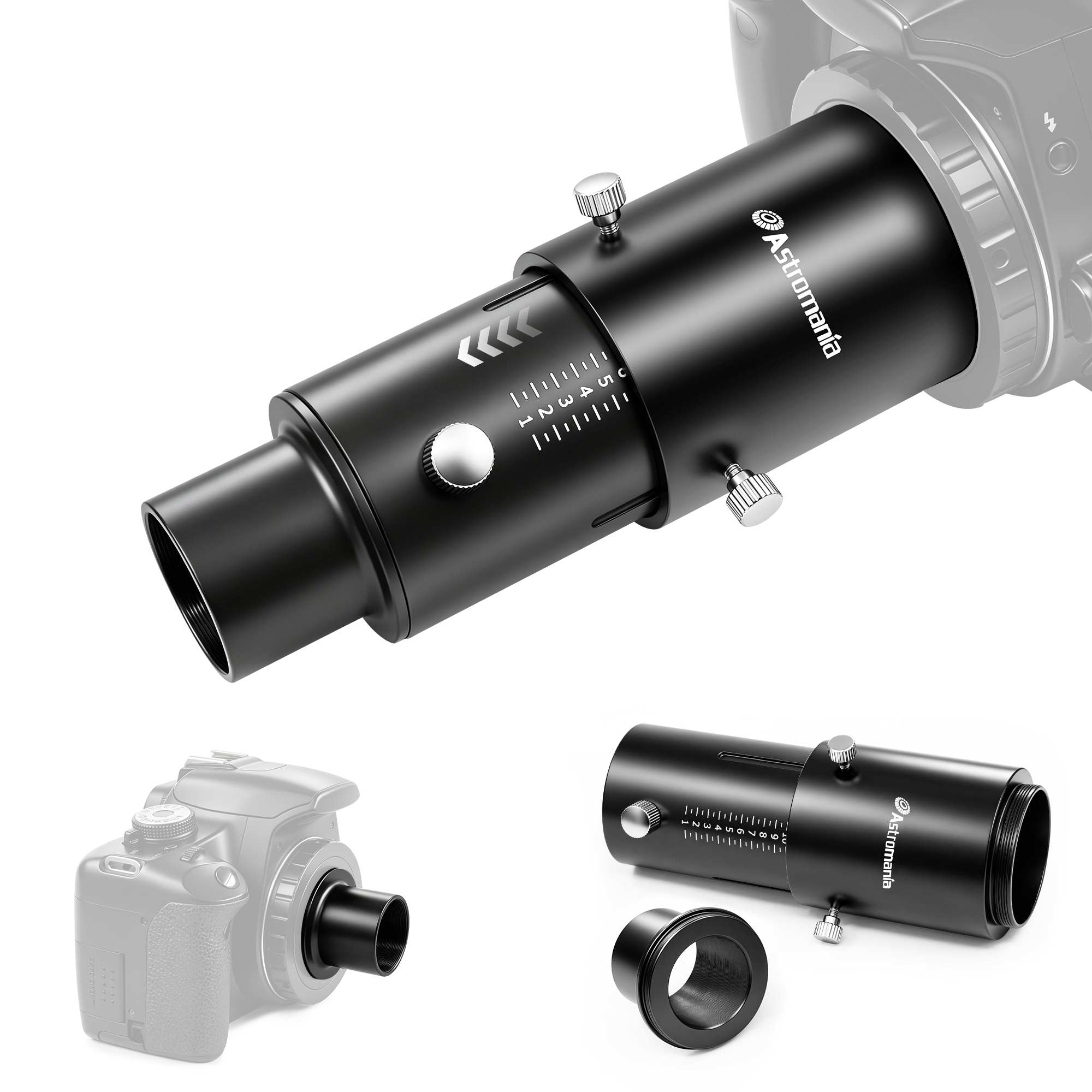 Astromania Variable Projection Adapter 1.25" Extension Tube Kit for Prime Focus and Eyepiece Projection Astrophotography with Refractors or Reflector Telescopes