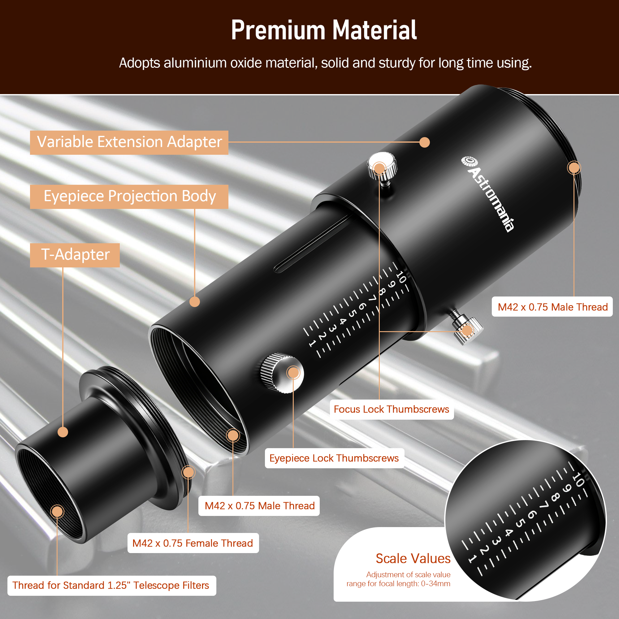 Astromania Variable Projection Adapter 1.25" Extension Tube Kit for Prime Focus and Eyepiece Projection Astrophotography with Refractors or Reflector Telescopes
