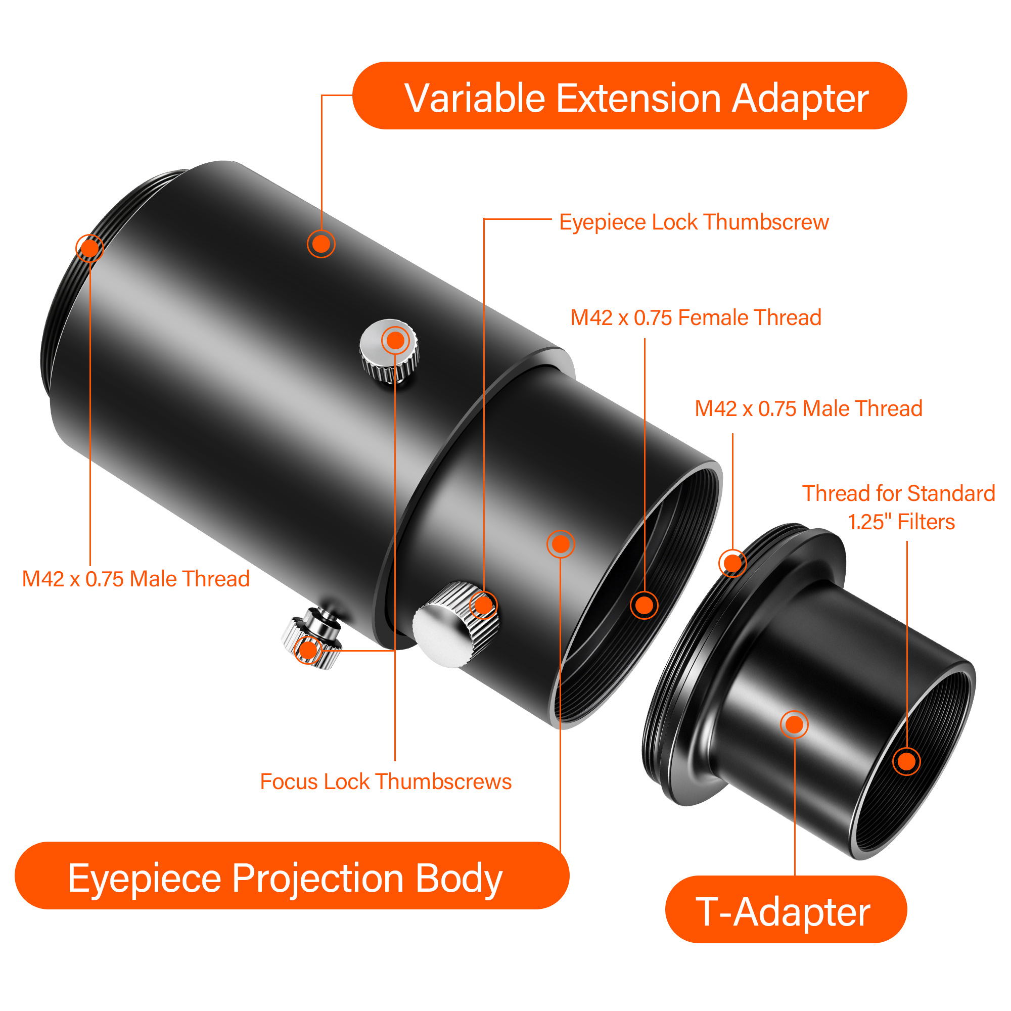 Astromania Telescope Photo Adapters, Metal Extendable Camera Adapter for Telescope with 1.25 inch T Adapter, Compatible for Prime-Focus Or Eyepiece-Projection, Canon EOS Nikon SLR Cameras Photography