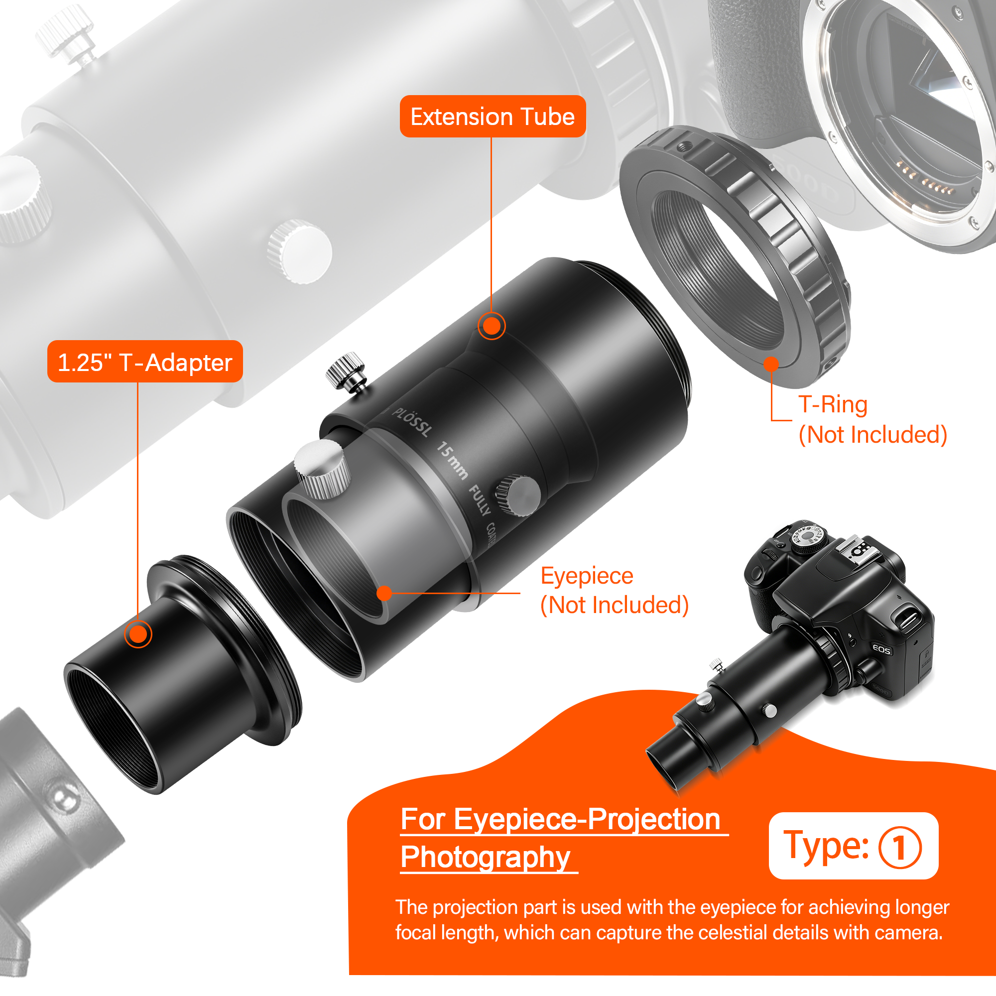 Astromania Telescope Photo Adapters, Metal Extendable Camera Adapter for Telescope with 1.25 inch T Adapter, Compatible for Prime-Focus Or Eyepiece-Projection, Canon EOS Nikon SLR Cameras Photography