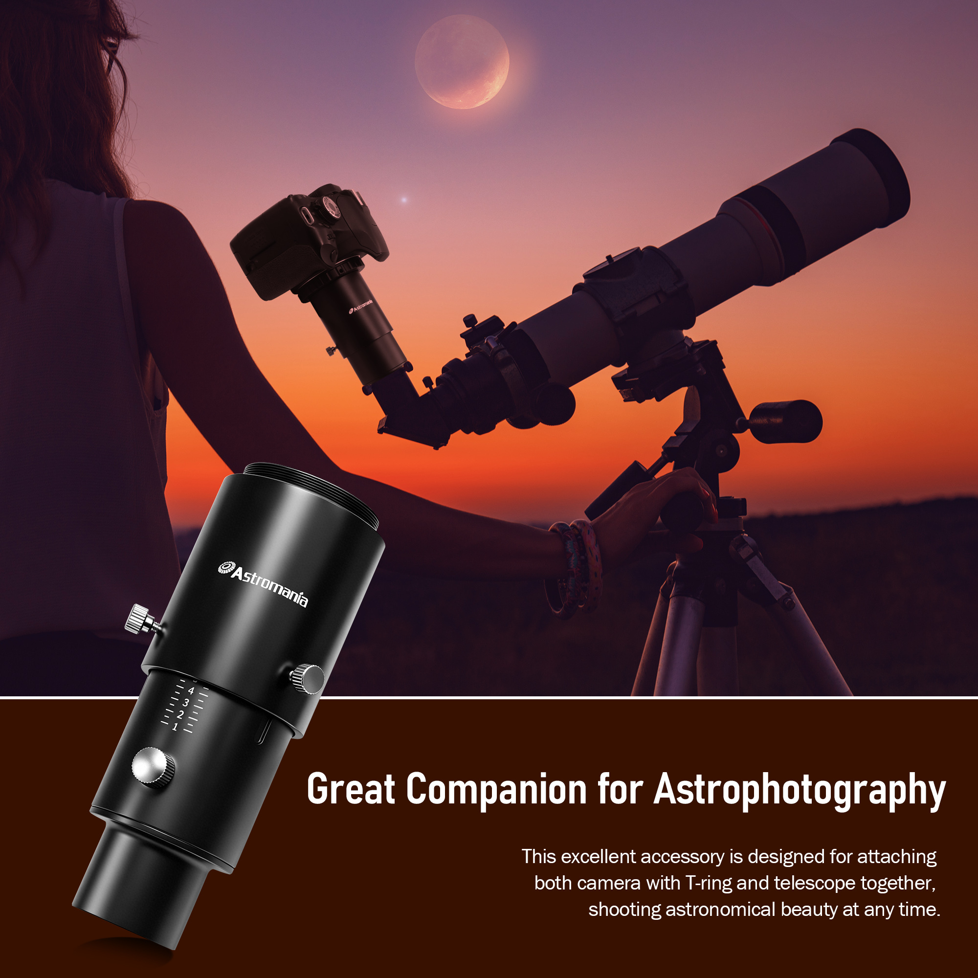 Astromania Variable Projection Adapter 1.25" Extension Tube Kit for Prime Focus and Eyepiece Projection Astrophotography with Refractors or Reflector Telescopes