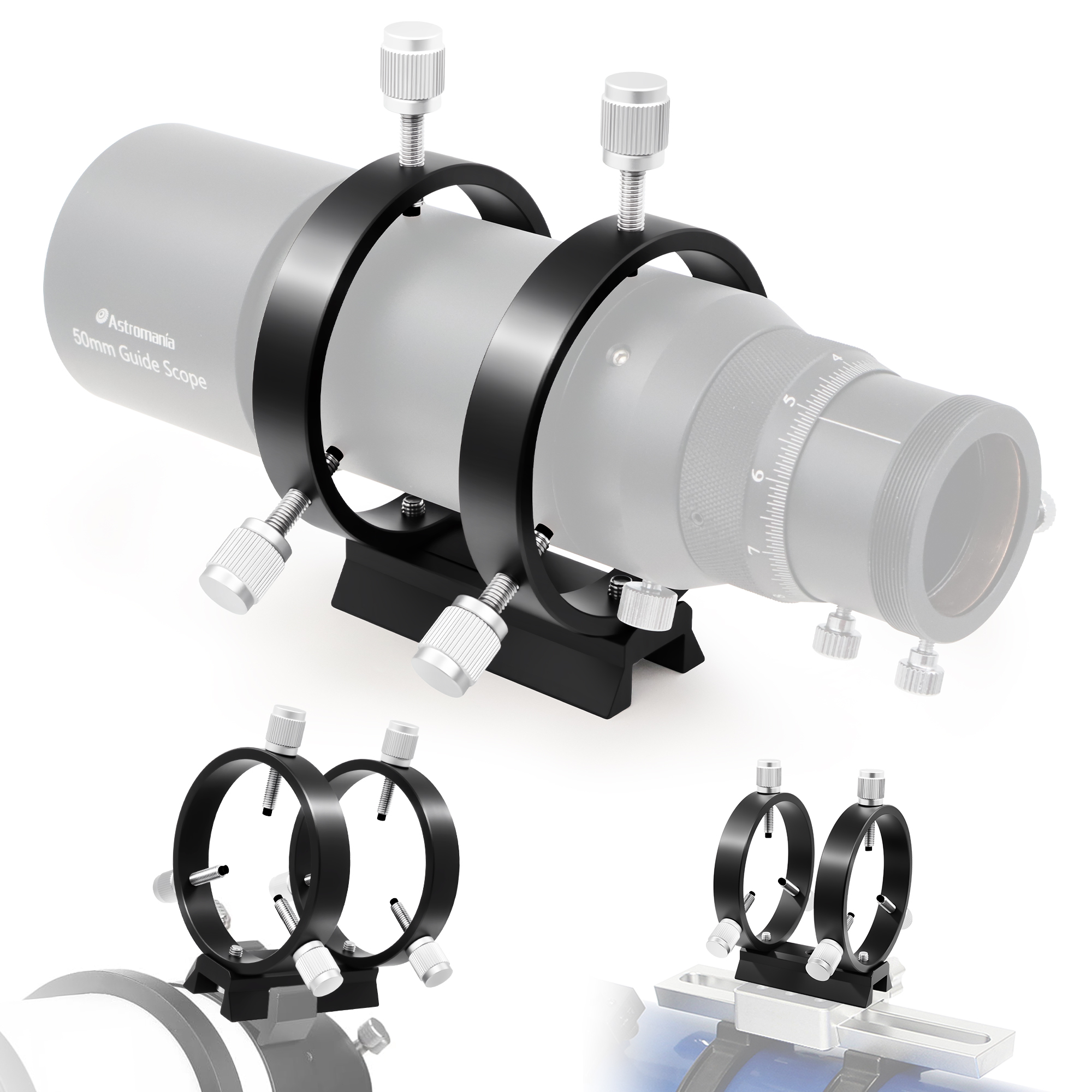 Astromania Adjustable Guiding Scope Ring Set with Plate - 69 mm inside diameter (pair) - for telescope tube diameter or finders 43 to 68mm