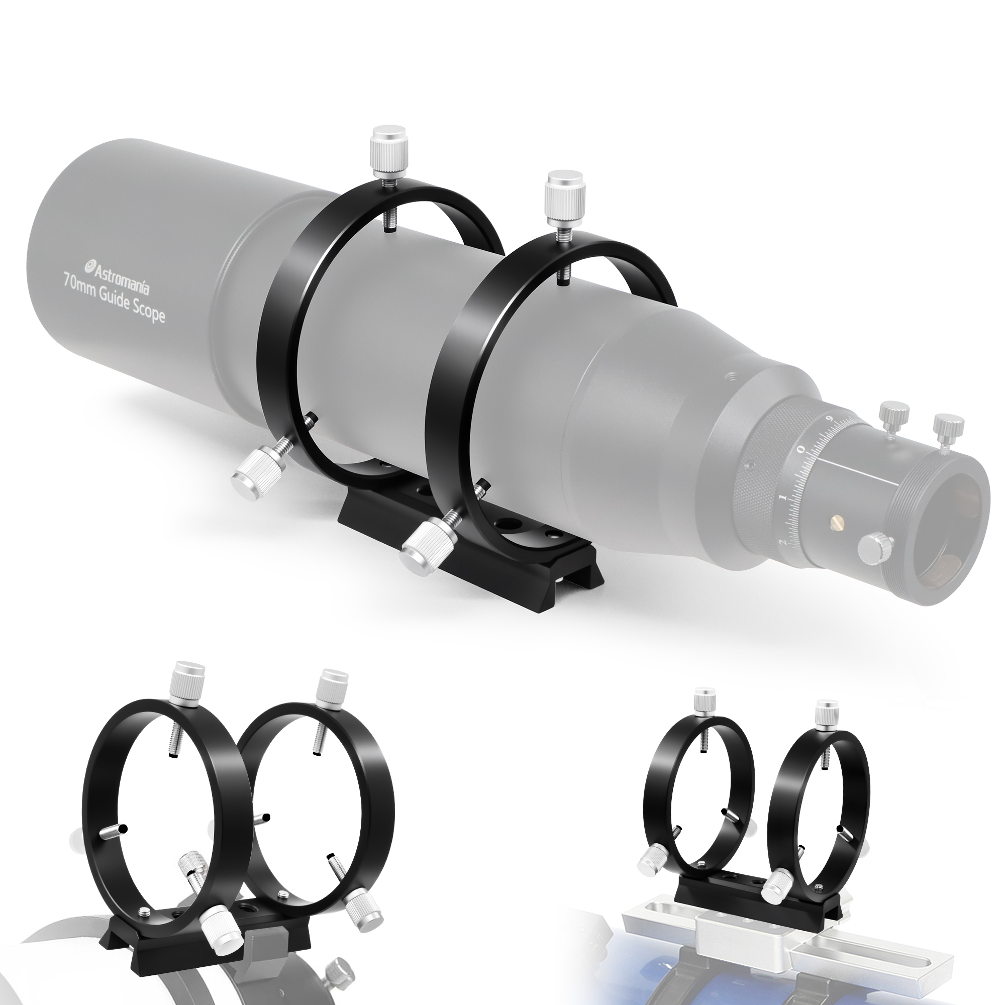 Astromania Adjustable Guiding Scope Ring Set with Plate - 90 mm inside diameter (pair) - for telescope tube diameter or finders 63 to 89mm