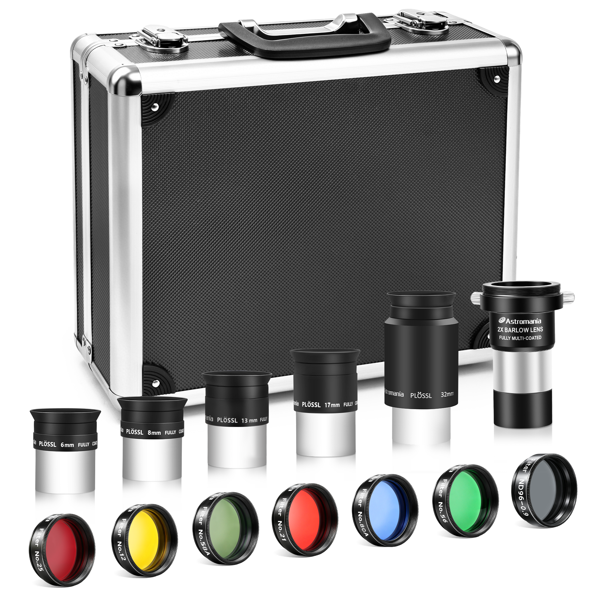 Astromania 1.25" Telescope Eyepiece and Filter Accessory Kit Deluxe Version - with 5pcs Plossl Eyepieces Set, 6pcs Colored Filter Set, Moon Filter, 2X Barlow Lens and Sturdy Carry Case
