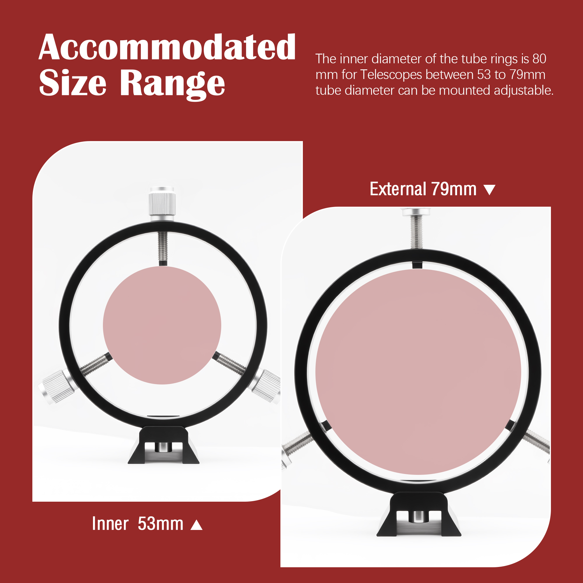 Astromania Adjustable Guiding Scope Ring Set with Plate - 80 mm inside diameter (pair) - for telescope tube diameter or finders 53 to 79mm