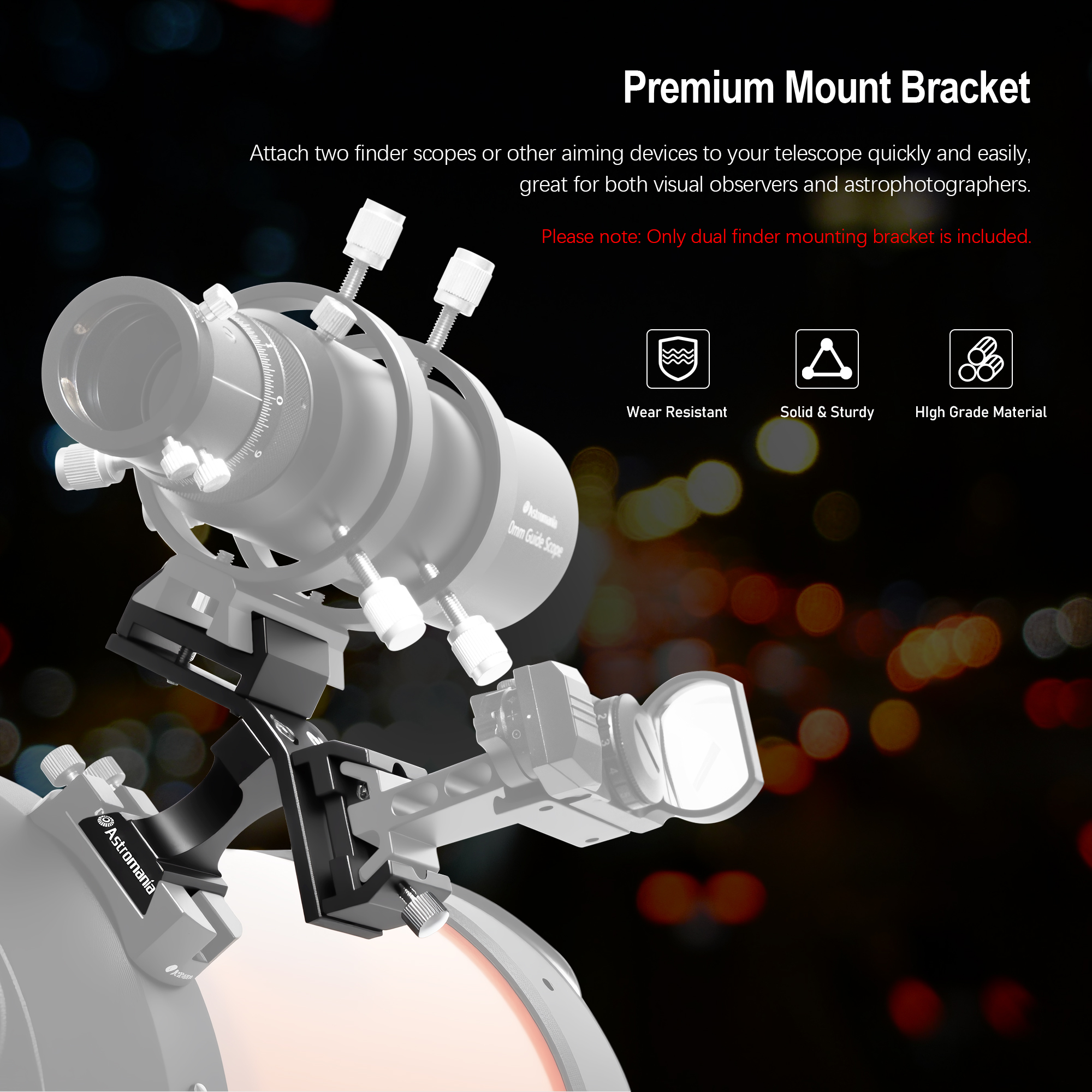 Astromania Dual Finder Scope Mount, Finderscope Mount Bracket with Double Finder Mount Bracket - Adjustable Metal Aluminum Telescope Finder Bracket Installation of Red Dot Finderscope for Telescope