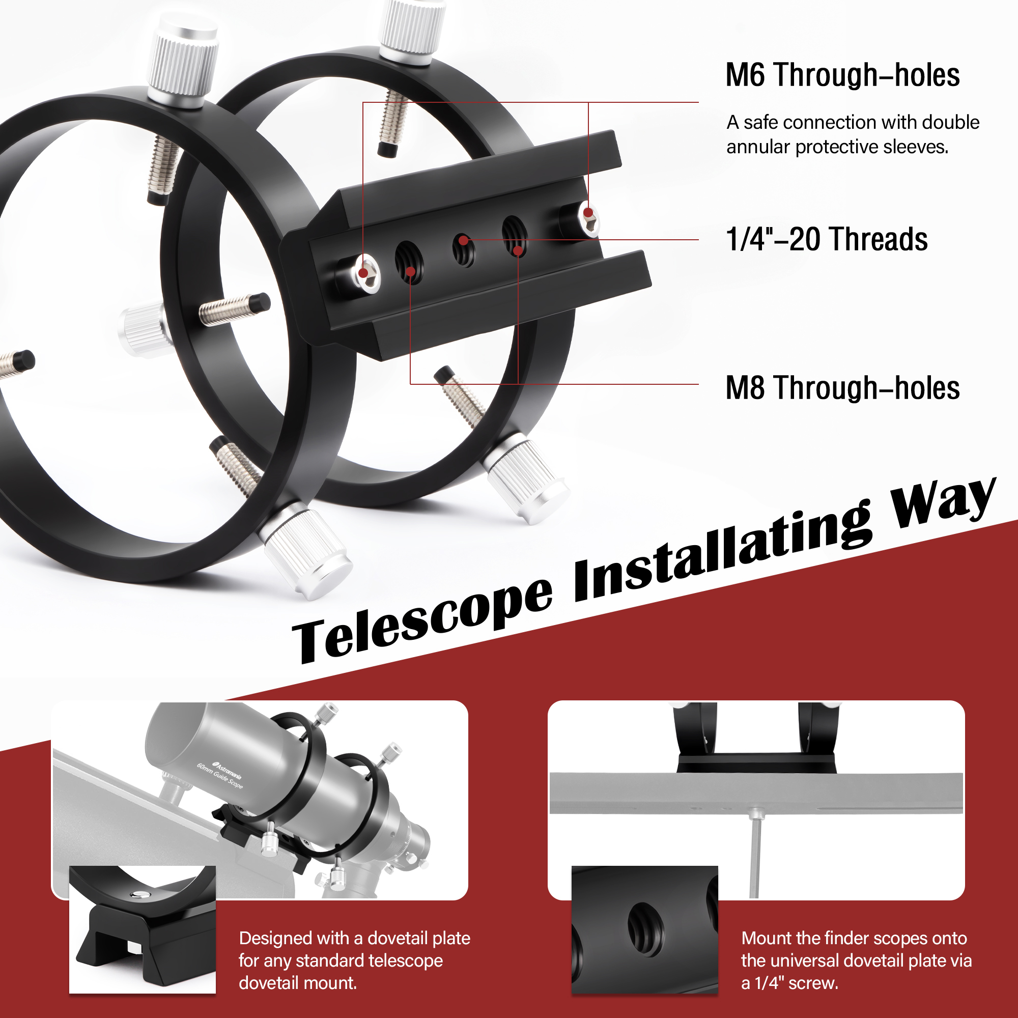 Astromania Adjustable Guiding Scope Ring Set with Plate - 80 mm inside diameter (pair) - for telescope tube diameter or finders 53 to 79mm